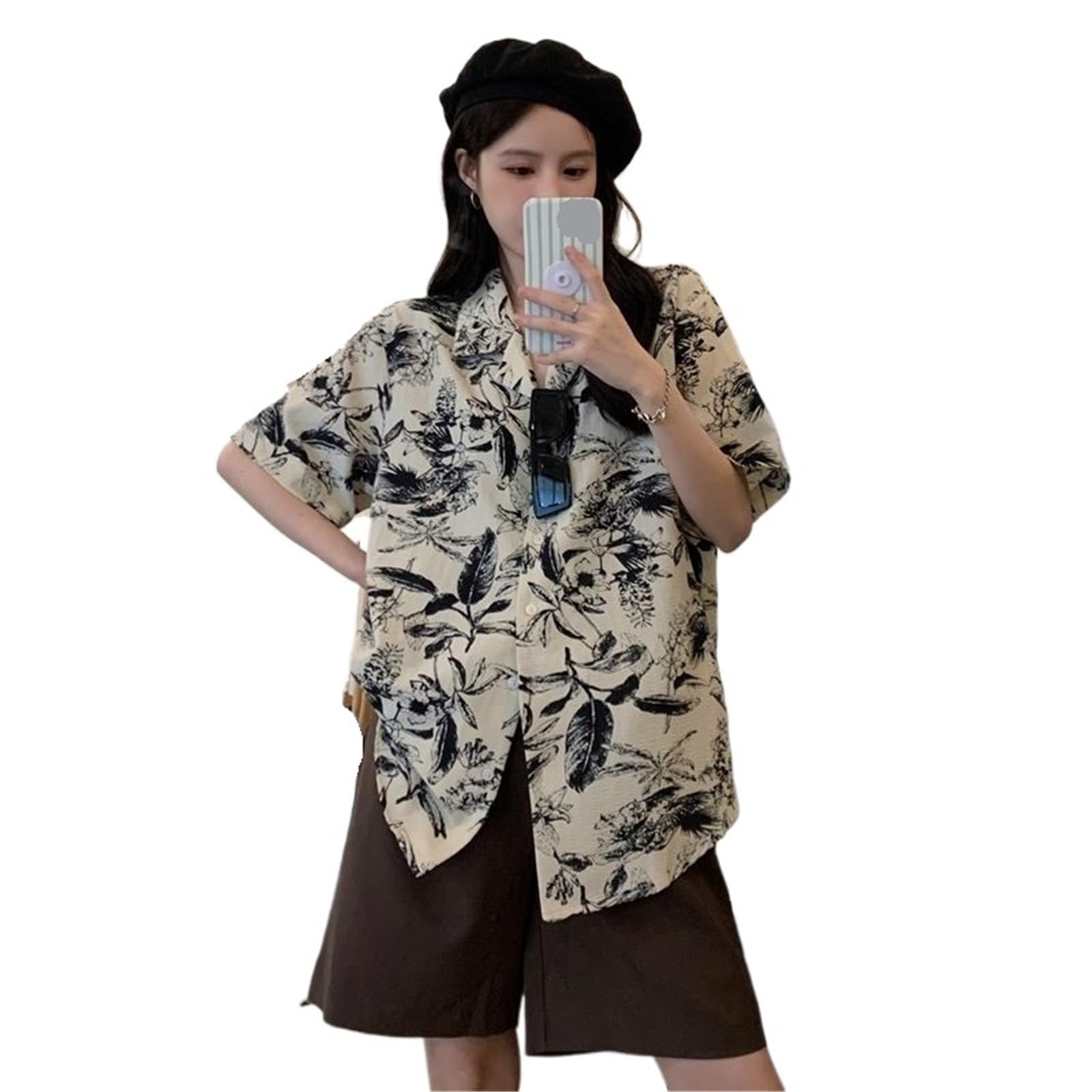 Camisa de Manga Corta con Estampado Floral Retro de Verano for Mujer, Camisa Playera, Top Holgado y versátil