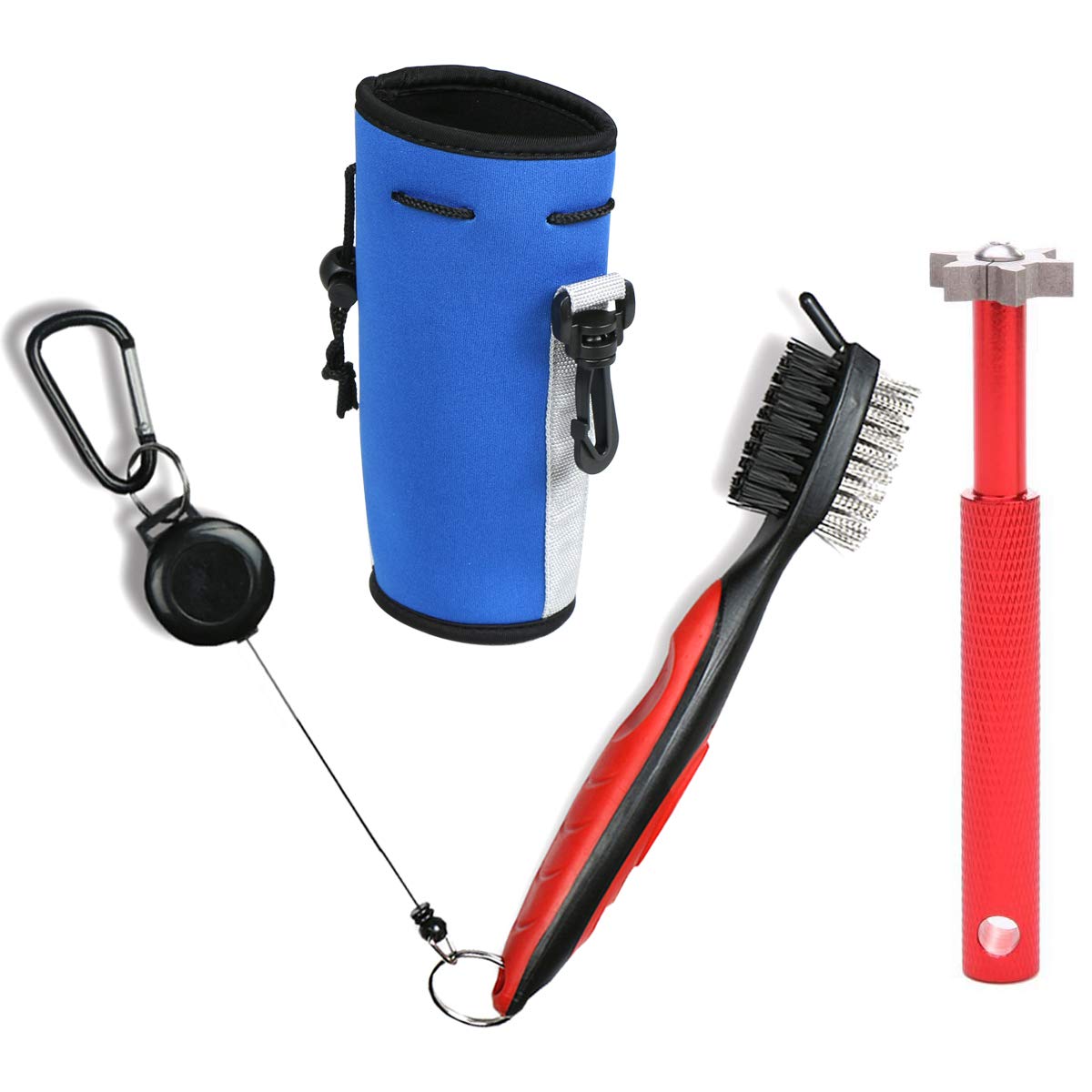 HAIYUE Retractable Golf Club Brush Wire Nylon Bristles 2 Ft Zip-line Aluminum Carabiner Easily Attaches to Golf Bag + Ball Holder Clip Utility Pouch + Groove Sharpener Gift Bundle Combo Red