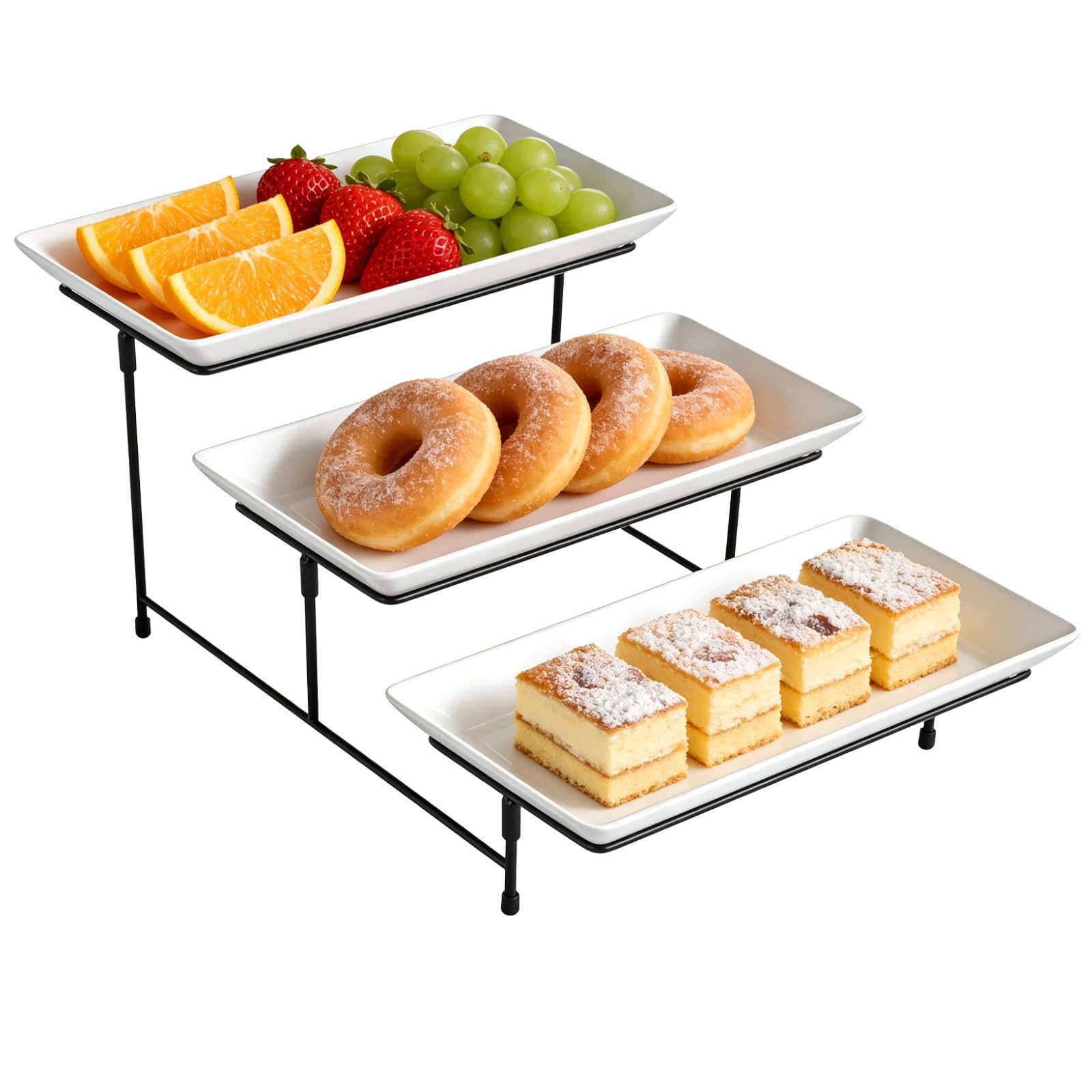 3 Tier Plastic Serving Tray, 12 in Rectangular Dessert Fruit Serving Platter, White Display Tray with Black Metal Stand, Tiered Food Plate for Party, Wedding, Buffet