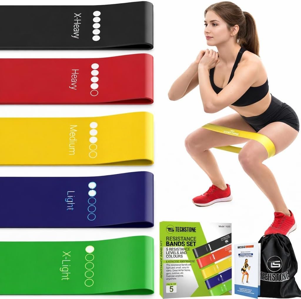 TechStone Resistance Bands Set for Men and Women, Pack of 5 Different Resistance Levels Elastic Band for Home Gym Long Exercise Workout – Great Fitness Equipment for Training, Yoga – Free Carrying Bag