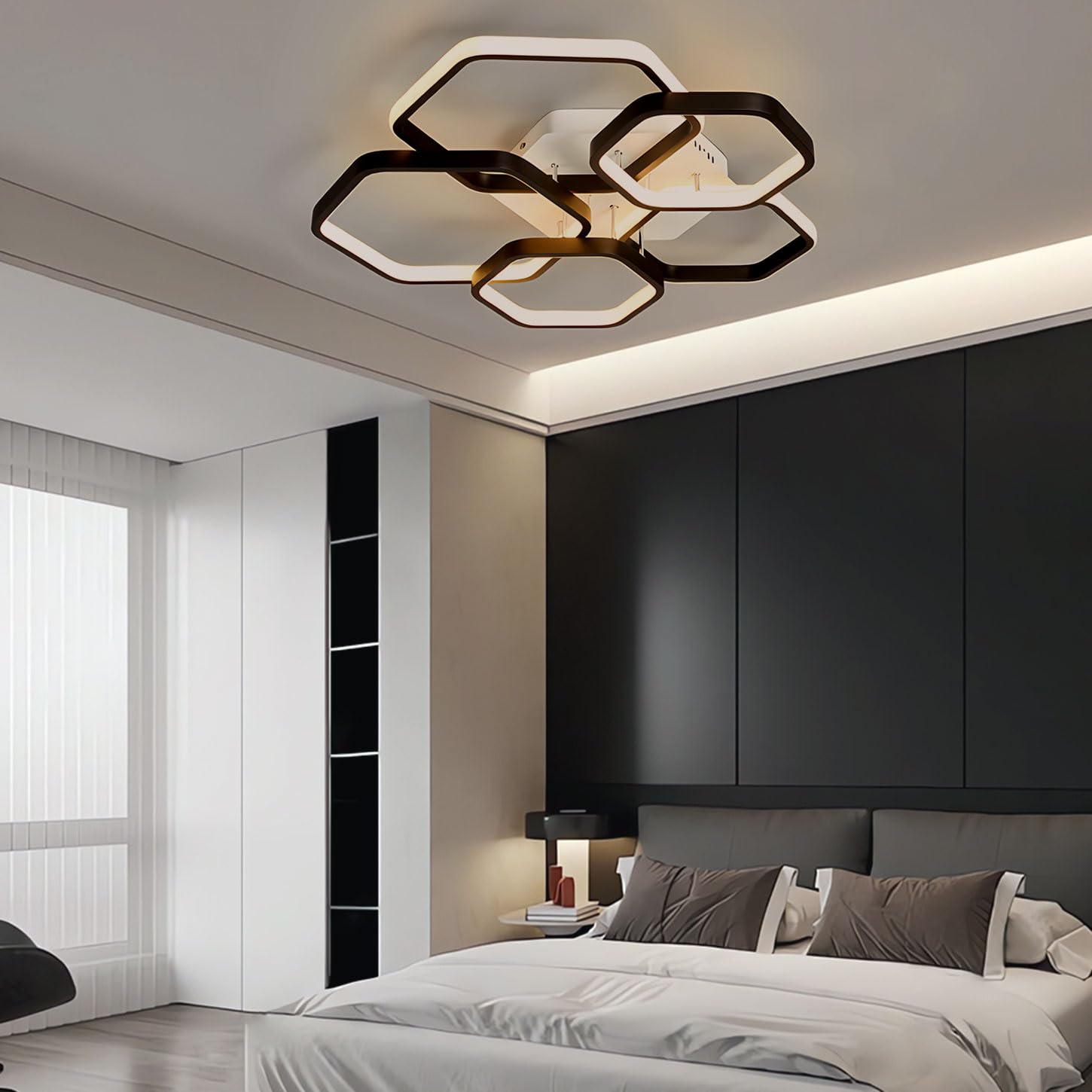 Lámpara de techo LED moderna, lámpara de techo regulable para dormitorio de 3000-6000 K con mando a distancia, lámpara de techo acrílica negra, ideal para dormitorios. (Oro)