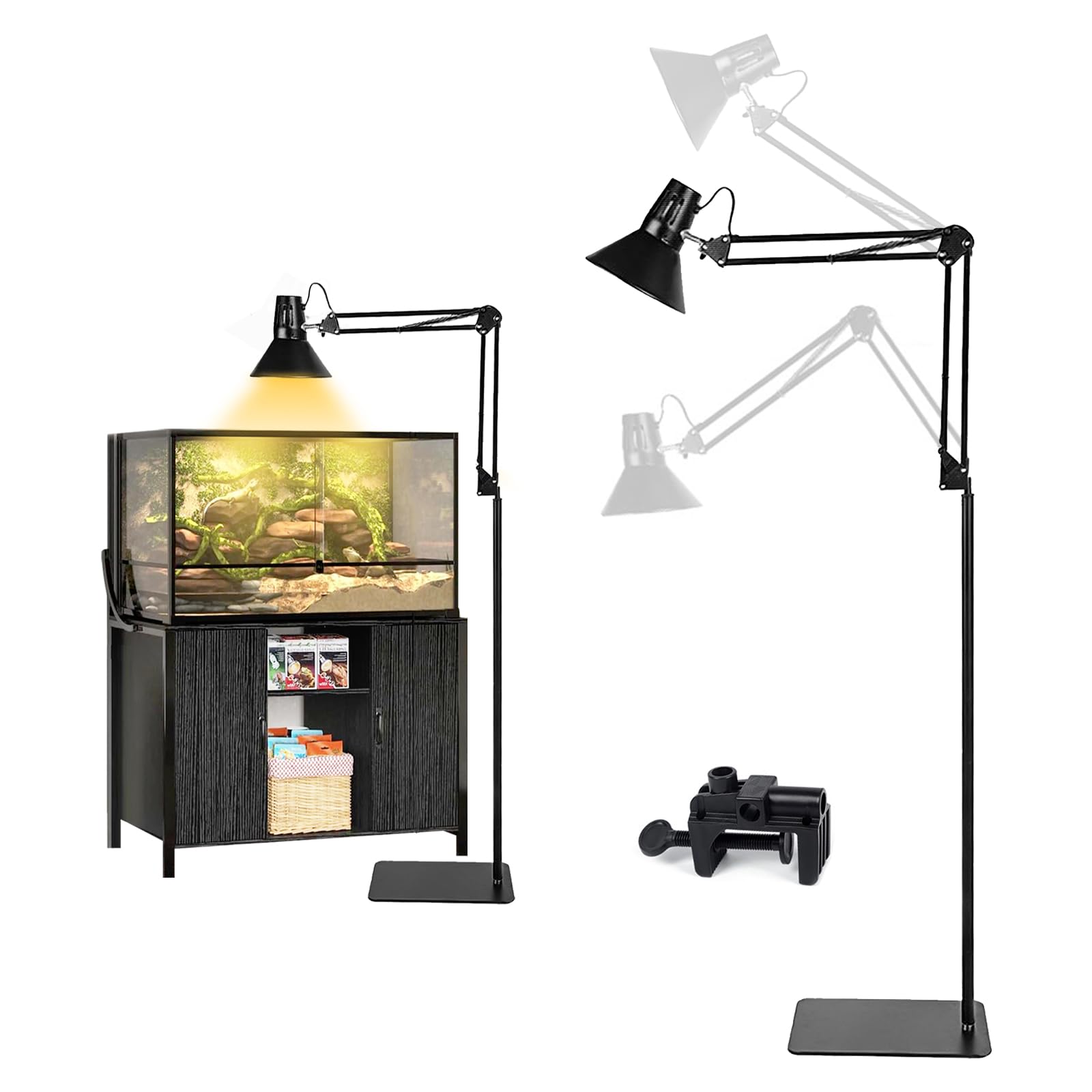 Supporto per Lampada Riscaldante per Rettili con Paralume, 40 - 180 cm Regolabile con Braccio Girevole a 360°, Supporto per Lampada da Terra Compatibile E27 per Tartaruga Acquari Terrari e Piante