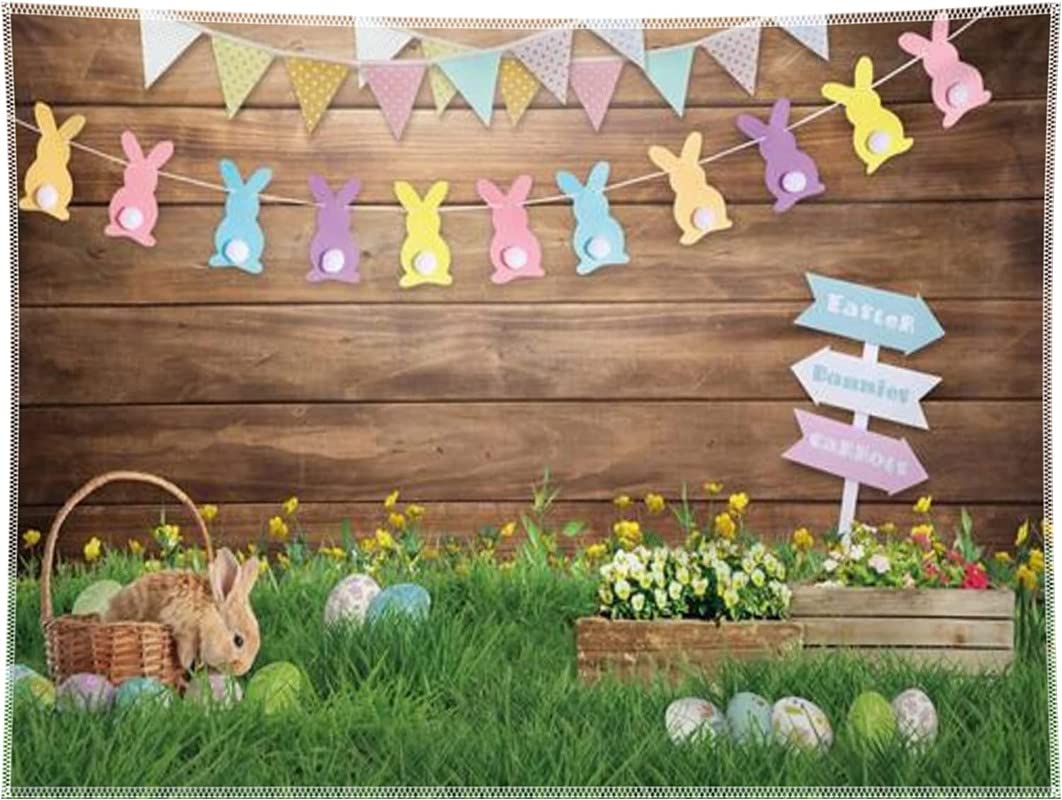 ZTHMOE 10x8ft Durable Fabric Spring Easter Photography Backdrop Rabbit Eggs Wooden Wall Flowers Grass Background Bunny Flag Portrait Photo Booth Props