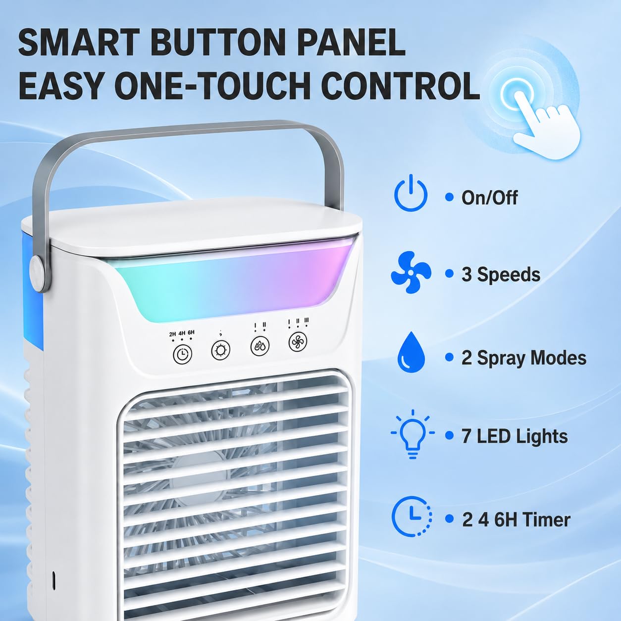 Aire acondicionado portátil, ventilador de hielo portátil 4 en 1 actualizado 2026 con 3 velocidades y 2 niebla fría ultrasilencioso, 3 temporizadores y 7 luces, ventilador evaporativo para habitación