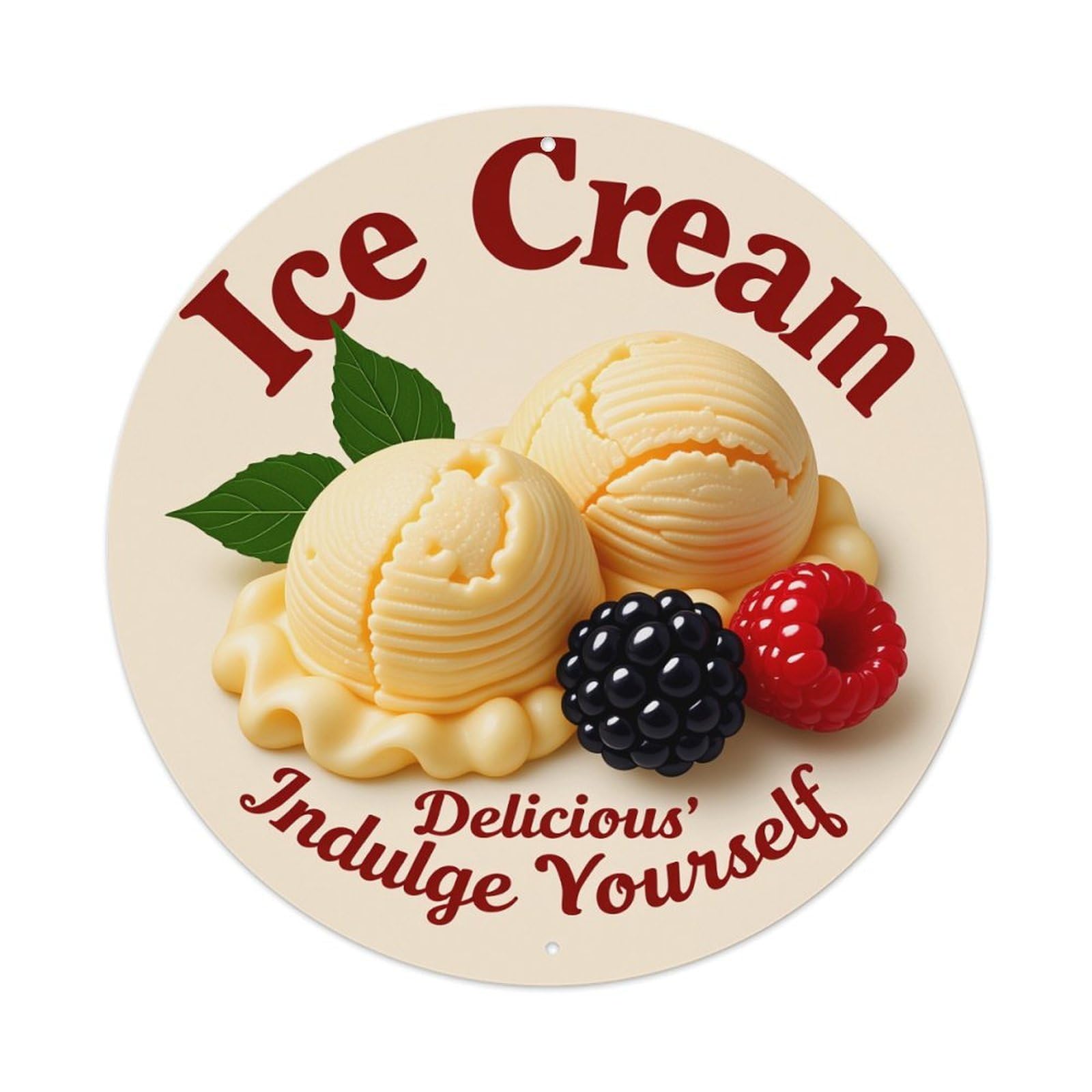 Ice Cream Scoops With Berries And Leaves Round Vintage Tin Sign,Retro Wall Art,Metal Poster for Home, Bar, Garage, Cafe, Rustic Indoor & Outdoor Decor, 8x8 Inches