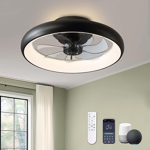 Ceiling Fans with Lights and Remote, 20'' Low Profile Flush Mount, 6 Wind Speeds, Modern Dimmable LED Ceiling Fan, Smart Ceiling Fan for Bedroom, Kids Room (Black)