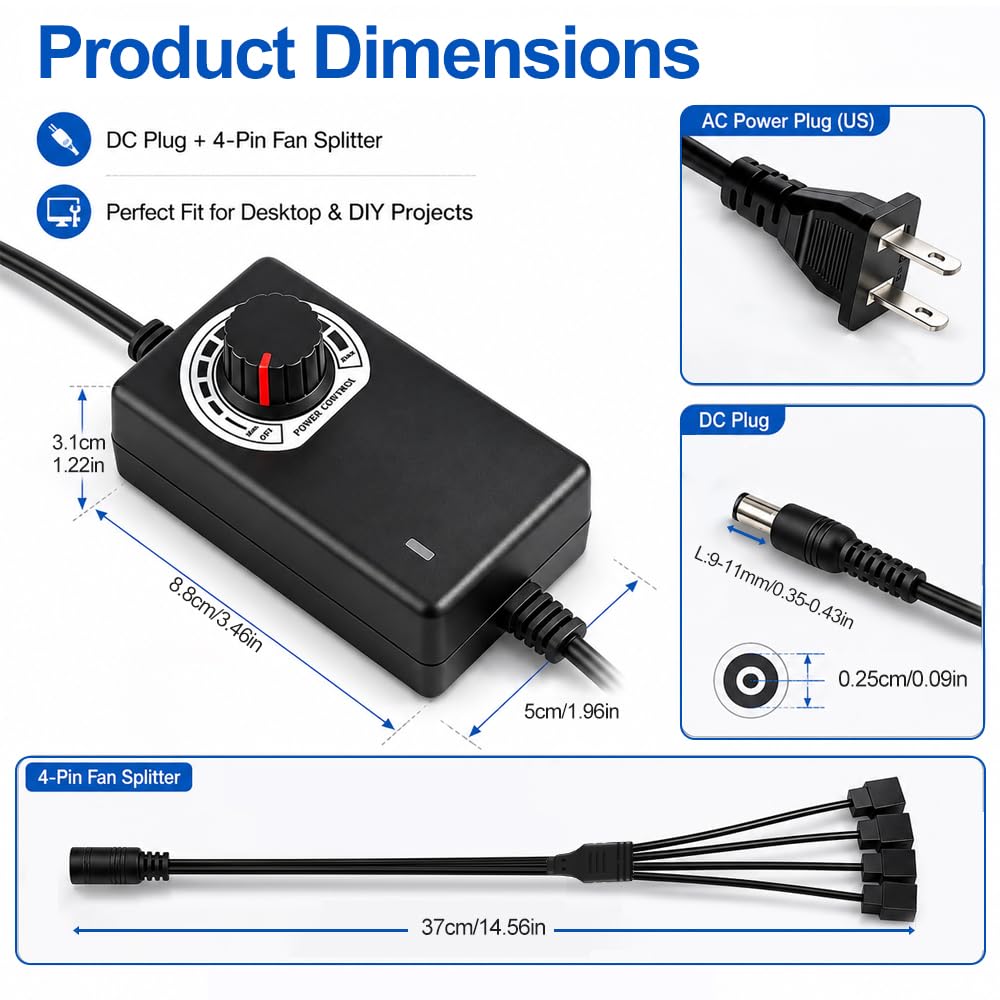 Kontroler prędkości wentylatora, 3-12V 2A Adapter Kabel 1 do 4 PC Regulator Temperatury Wentylator Wentylator Pompa Silnik Ochrona Przeciążenia