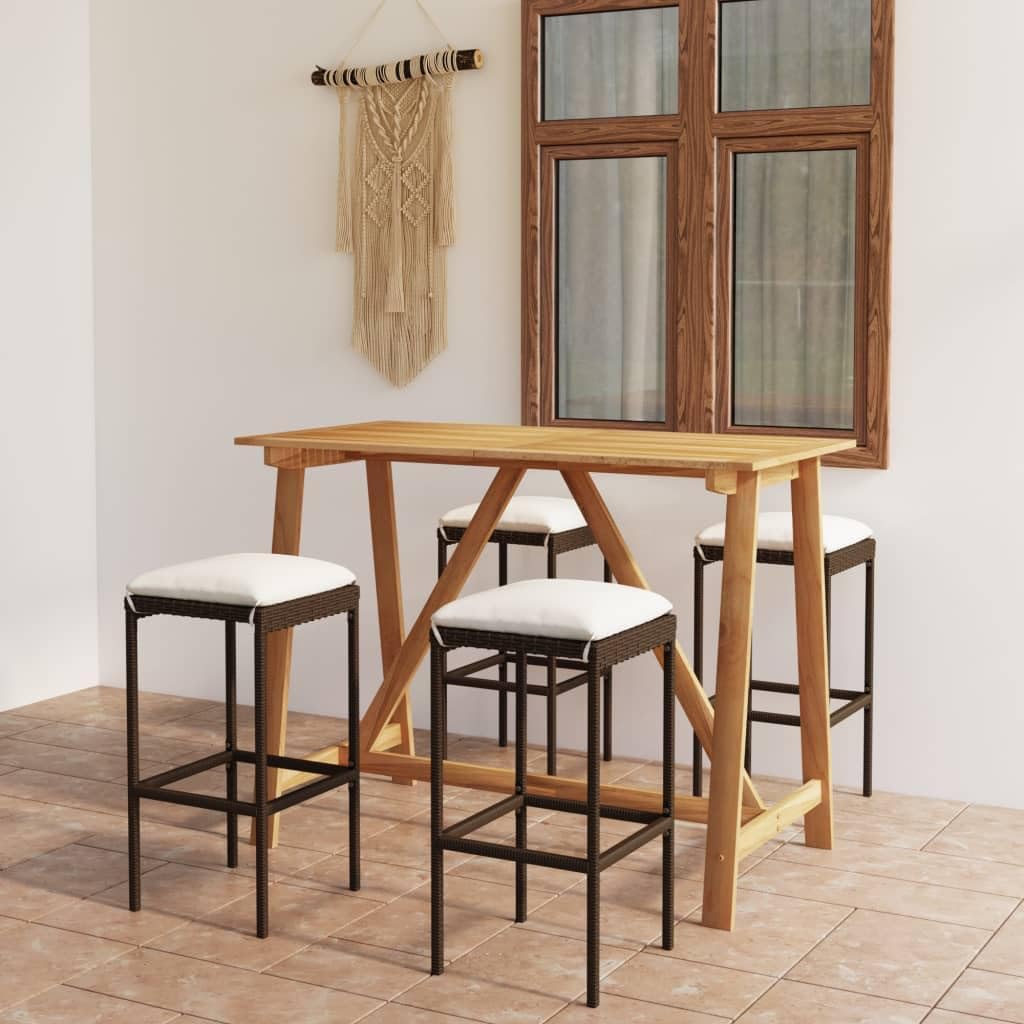 5 Piece Garden Bar Set in Brown Solid Acacia Wood with Durable Powder-Coated Metal Frame and Comfortable Weather-Resistant Cushions for Outdoor Dining and Entertaining
