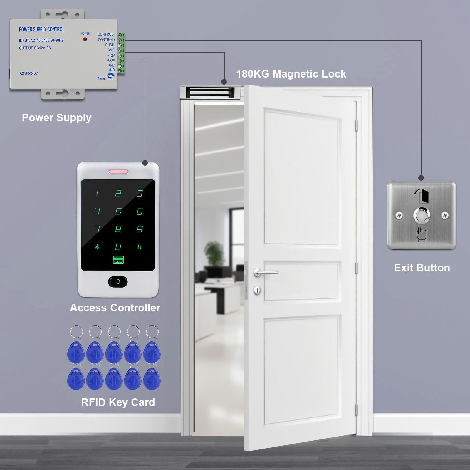 ReaIOKbii Standalone Access Control System Kit RFID Keypad Touch Metal Keypad Door Card Reader 180KG/350LBs Magnetic Lock Stainless Steel Exit Button 10 ID Keychains - Image 4