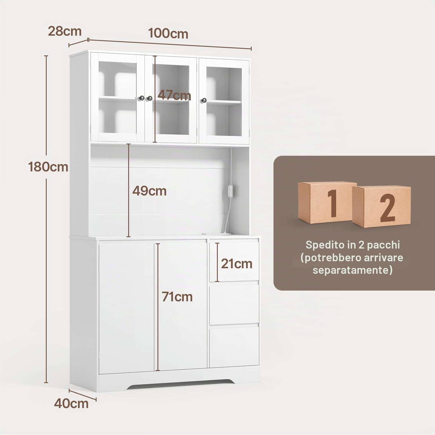 Xbro Credenza Cucina con LED e Presa Integrata, Coffee Station con Vano Microonde, Mobile Dispensa Salvaspazio con 5 Ante 3 Cassetti e Ante in Vetro, per Cucina Sala da Pranzo Soggiorno, 100x40x180 cm