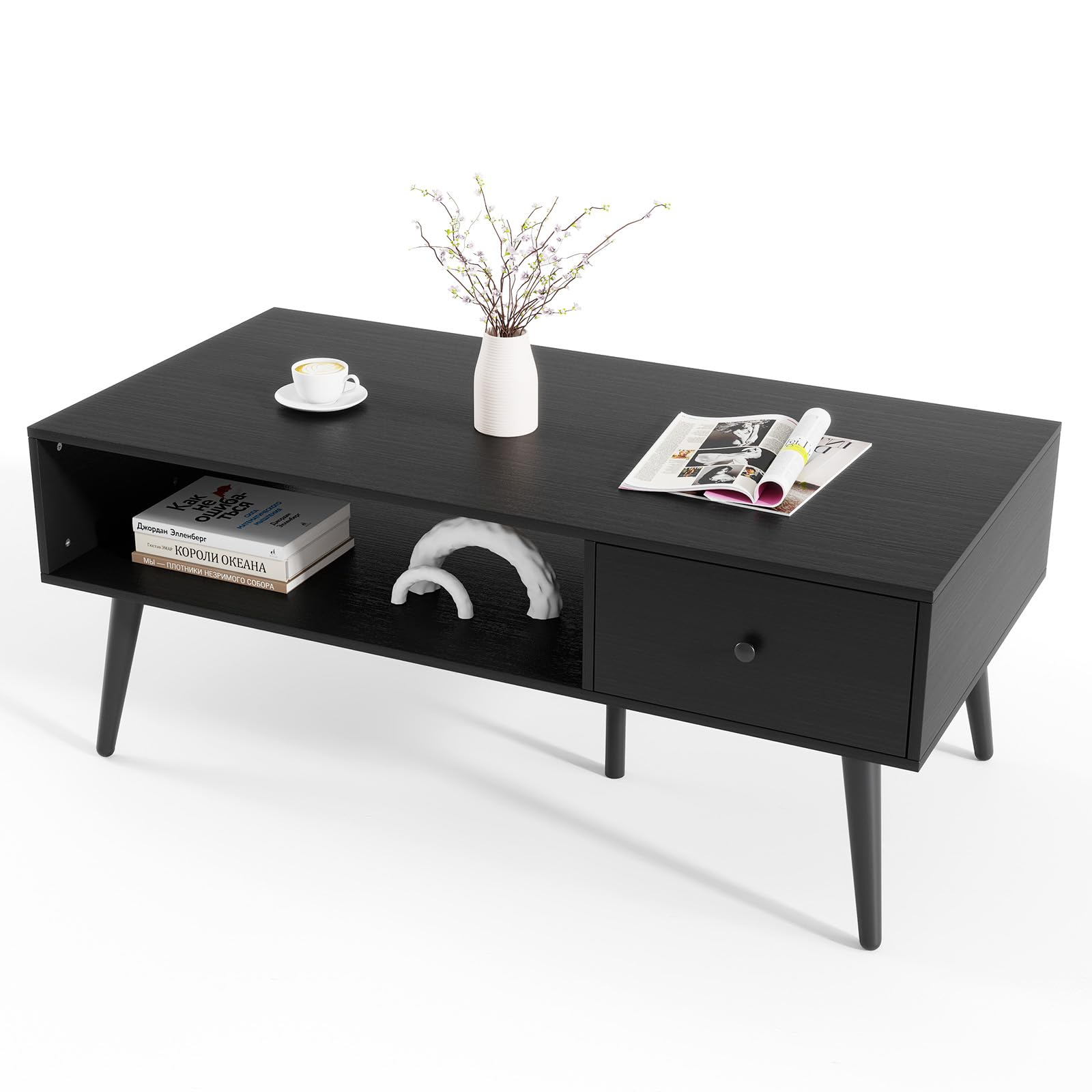 COSTWAY Coffee Table with Drawer and Storage Shelf, 109cm Rectangular Wooden Accent Cocktail Center Unit Sofa Side Tea Table for Living Room Bedroom (with 5 Metal Legs, Black)