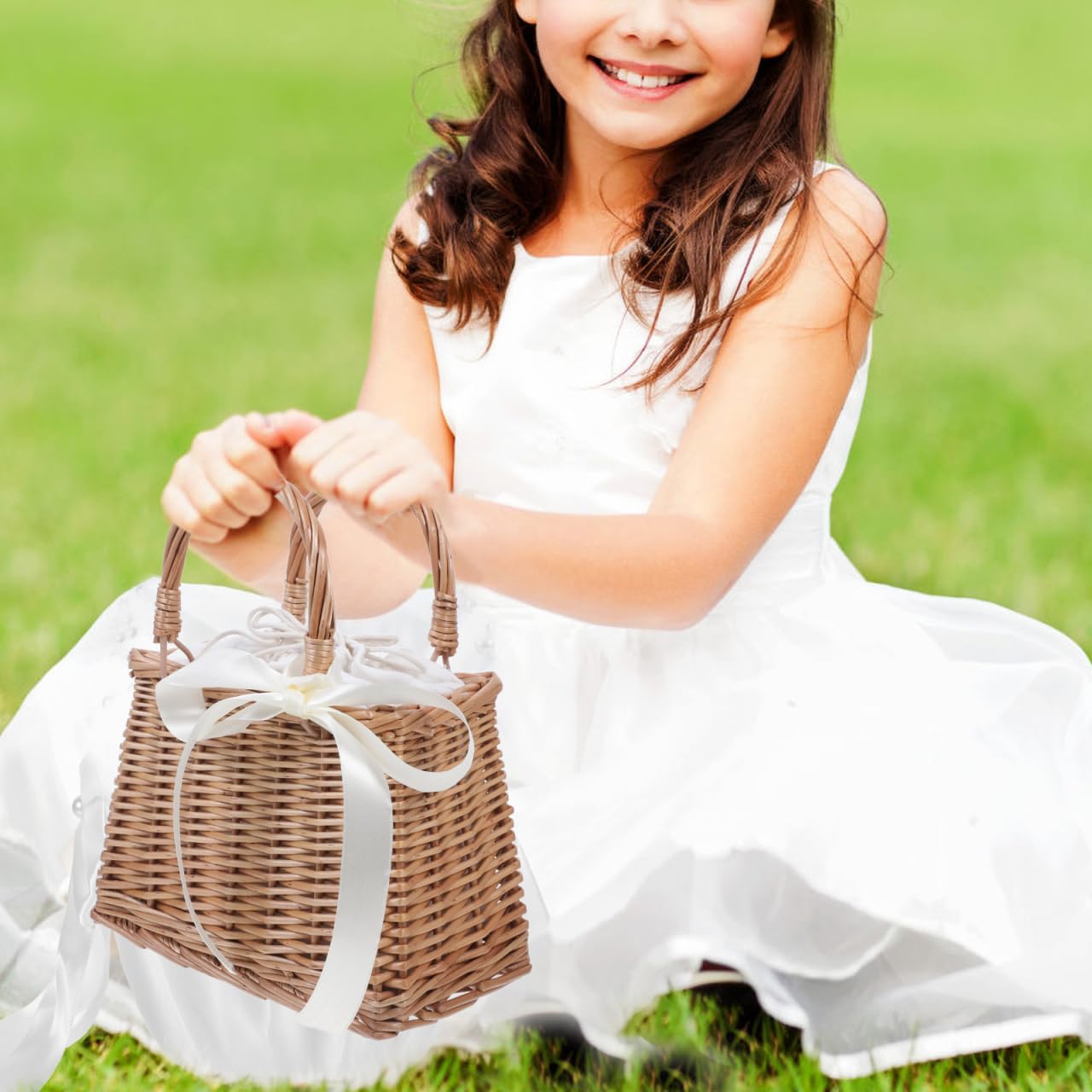 Gadpiparty Handgefertigte Kleine Rattan tragetasche mit Weißem Band Dekorativer Natürlicher Weidenkorb Leichter Blumenkorb für Hochzeitsgeschenk Vielseitiger Aufbewahrungskorb für Zuhause