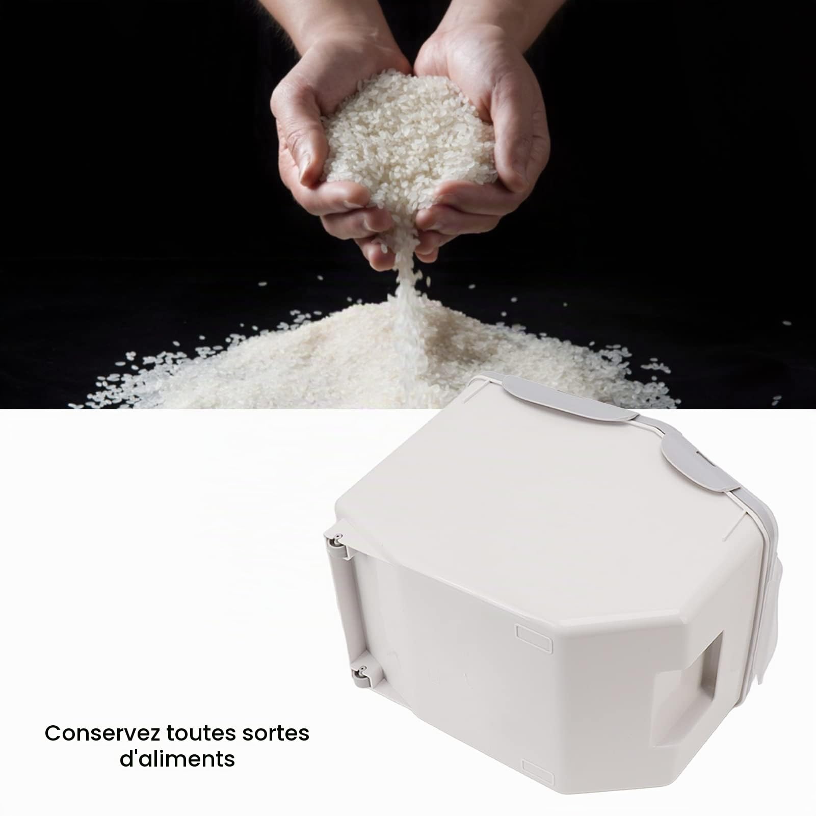 Récipient à Riz, Résistant aux Hautes Températures, Peu Encombrant, Récipient Alimentaire Hermétique en Plastique avec Tasse à Haricots (Gris 15KG)