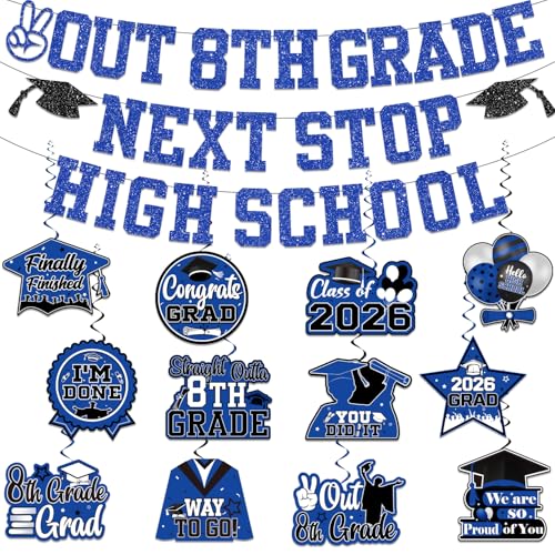 Out 8th Grade Next Stop High School Banner Swirls NO-DIY 8th Grade Graduation Decorations 2026 Blue Includes Glitter Middle School Graduation Decorations Banner 12Pcs Hanging Swirls