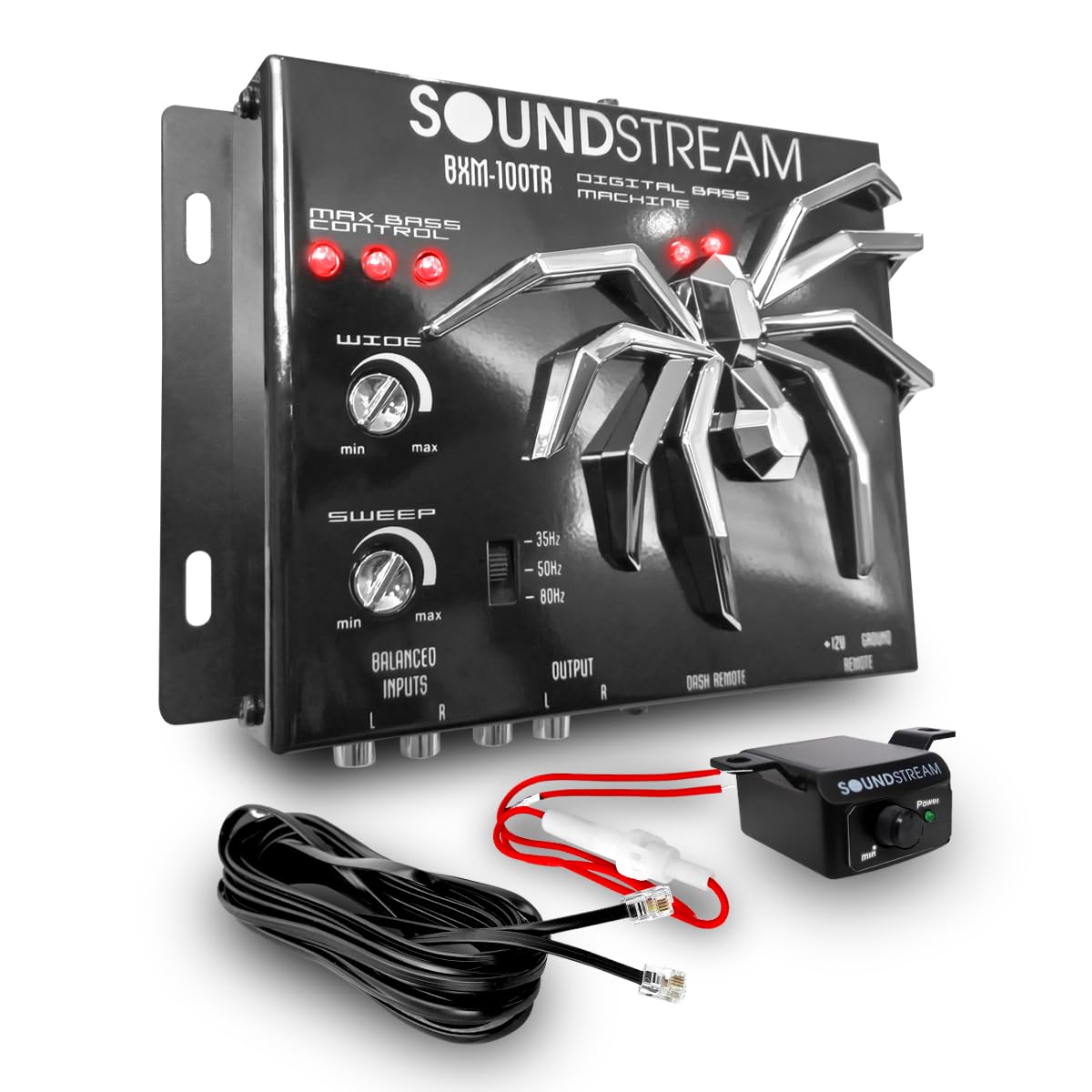 Soundstream BXM-100TR Digital Bass Machine with dimensions: 19 cm width, 13 cm depth, 3 cm height, and 0.45 kg weight.