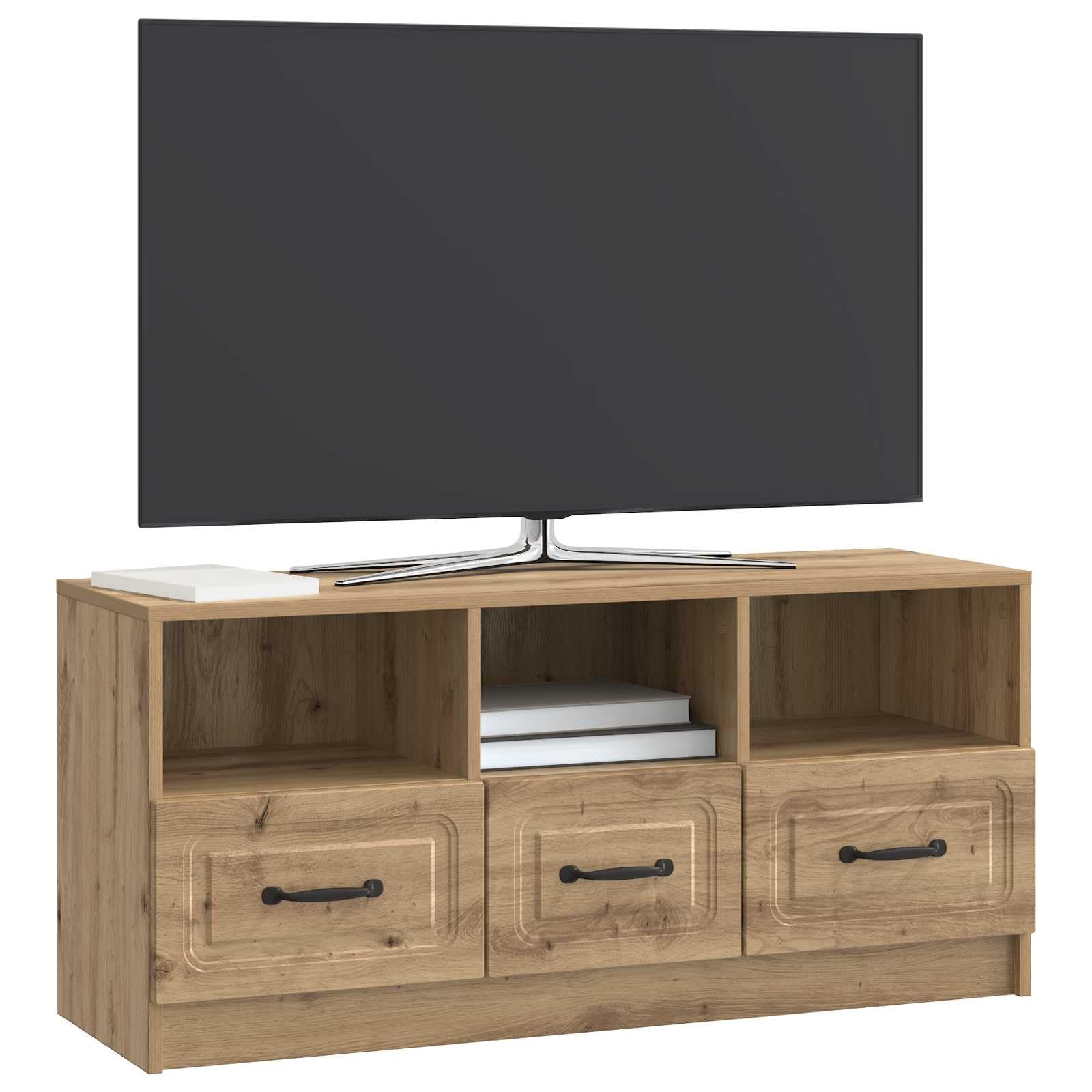 Szafka pod telewizor z materiału drewnopochodnego dębu Artisan, 102 x 34,5 x 47 cm, nowoczesna z 3 szufladami, dużo miejsca do przechowywania, uchwyty do prasowania, uniwersalna do salonu