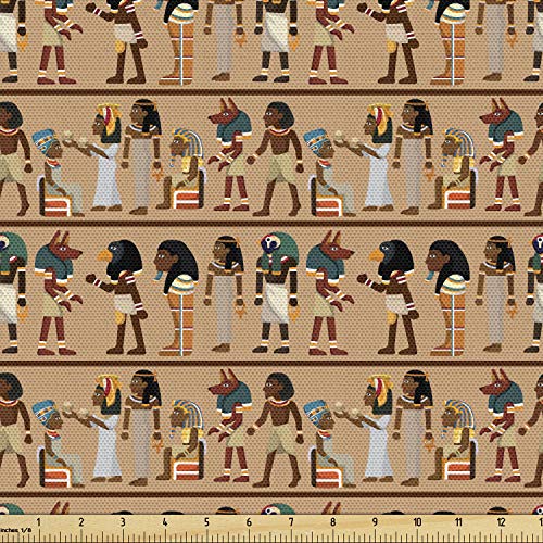Image of Ambesonne Egyptian Print Fabric by The Yard, Egyptology Mythological Cartoon Characters Archeology History Illustration, Decorative Fabric for Upholstery and Home Accents, 3 Yards, Peach Beige