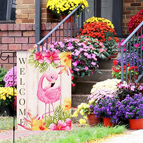 Homfreest Flamingo Welcome Summer Garden Flag Tropical Pink Bird Yard Flag 12X18 Inch Vertical Double Sided Rustic Seasonal Outside Decorations #TOP2
