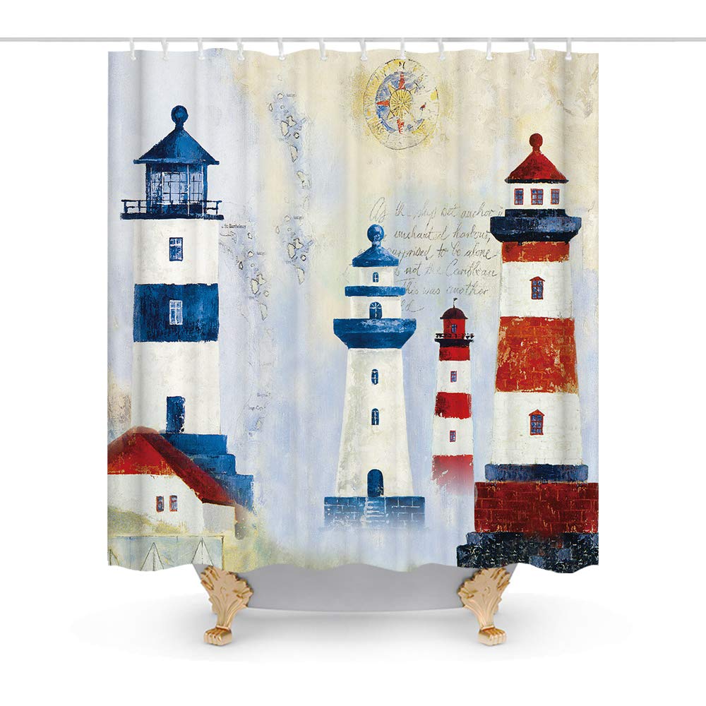 Nautical Lighthouse Retro Theme Fabric Shower Curtain Sets Bathroom Decor with Hooks Waterproof Washable (72W x 72H)
