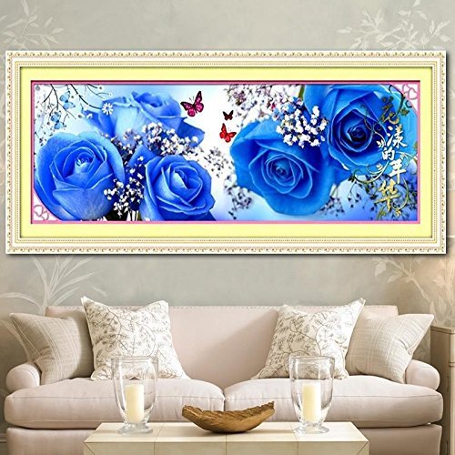 Fleur de point de croix rose bleue C0199, le cadeau de mariage végétal et luxueux à broder