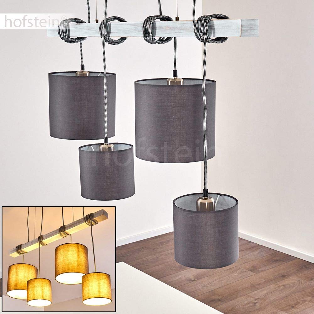 HOFSTEIN Pendelleuchte Bramois, Hängelampe aus Metall mit Textilkabel, Leuchtenschirme aus Stoff in Grau/Weiß, Hängeleuchte im Retro/Vintage-Design mit Schirmen aus Stoff, 4 x E27, Esszimmer, Küche