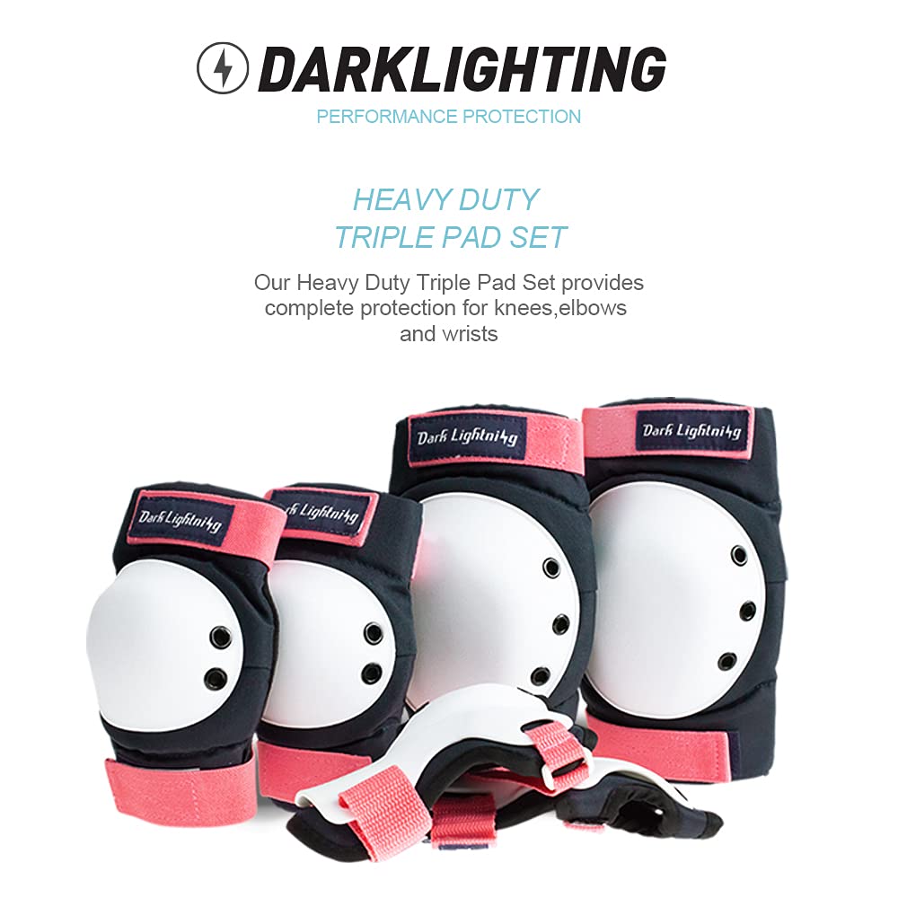 Dark Lightning Kids/Junior/Youth Knee Pads Elbow Pads Wrist Guards 3 in 1 Protective Gear, for Skateboard,Roller Skate,Inline,Cycling,MTB Bike,Scooter(Pink,L)