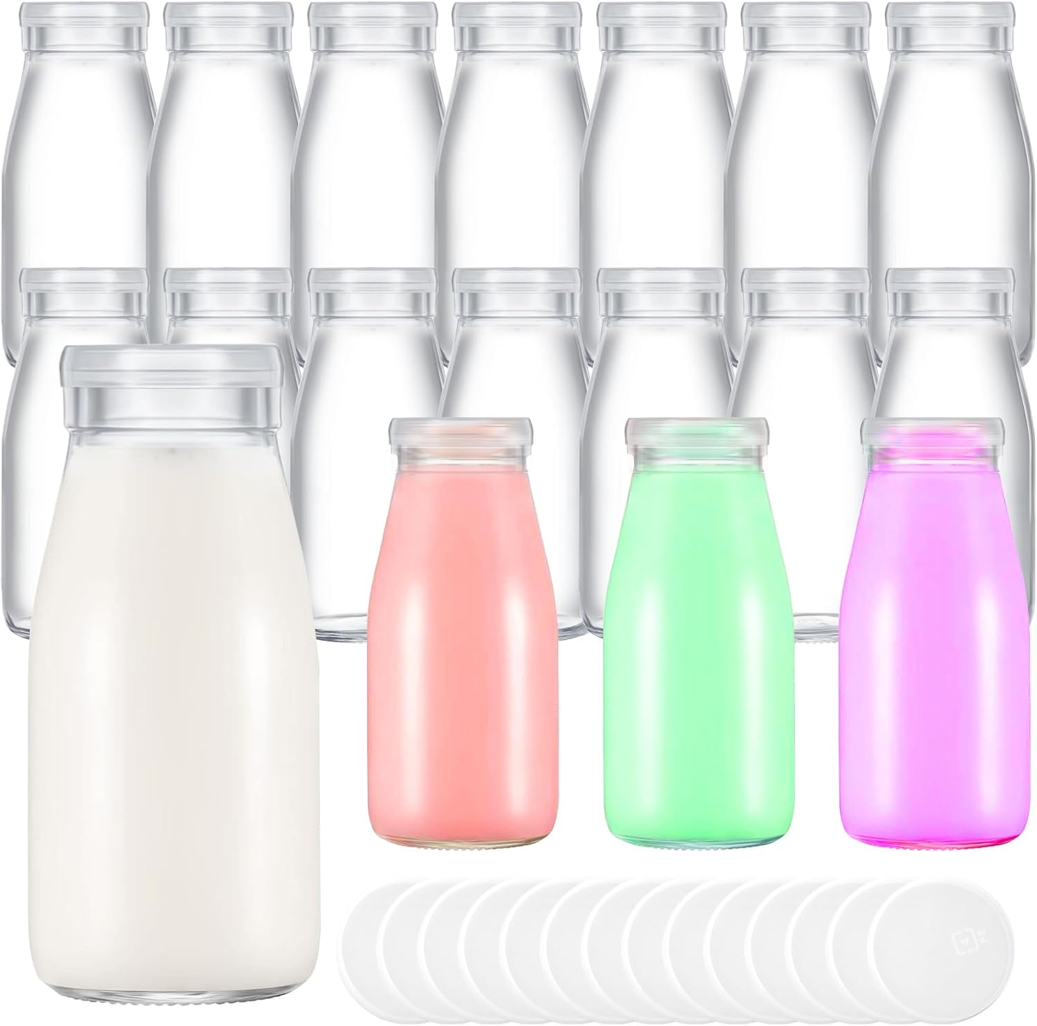14 Pack 8 oz Small Glass Milk Bottle with Lids Reusable Drinking Bottle Clear Mini Glass Bottles Juice Glass Container Bottle Shake Glass Bottles for Drinking Water Juice Honey Supplies
