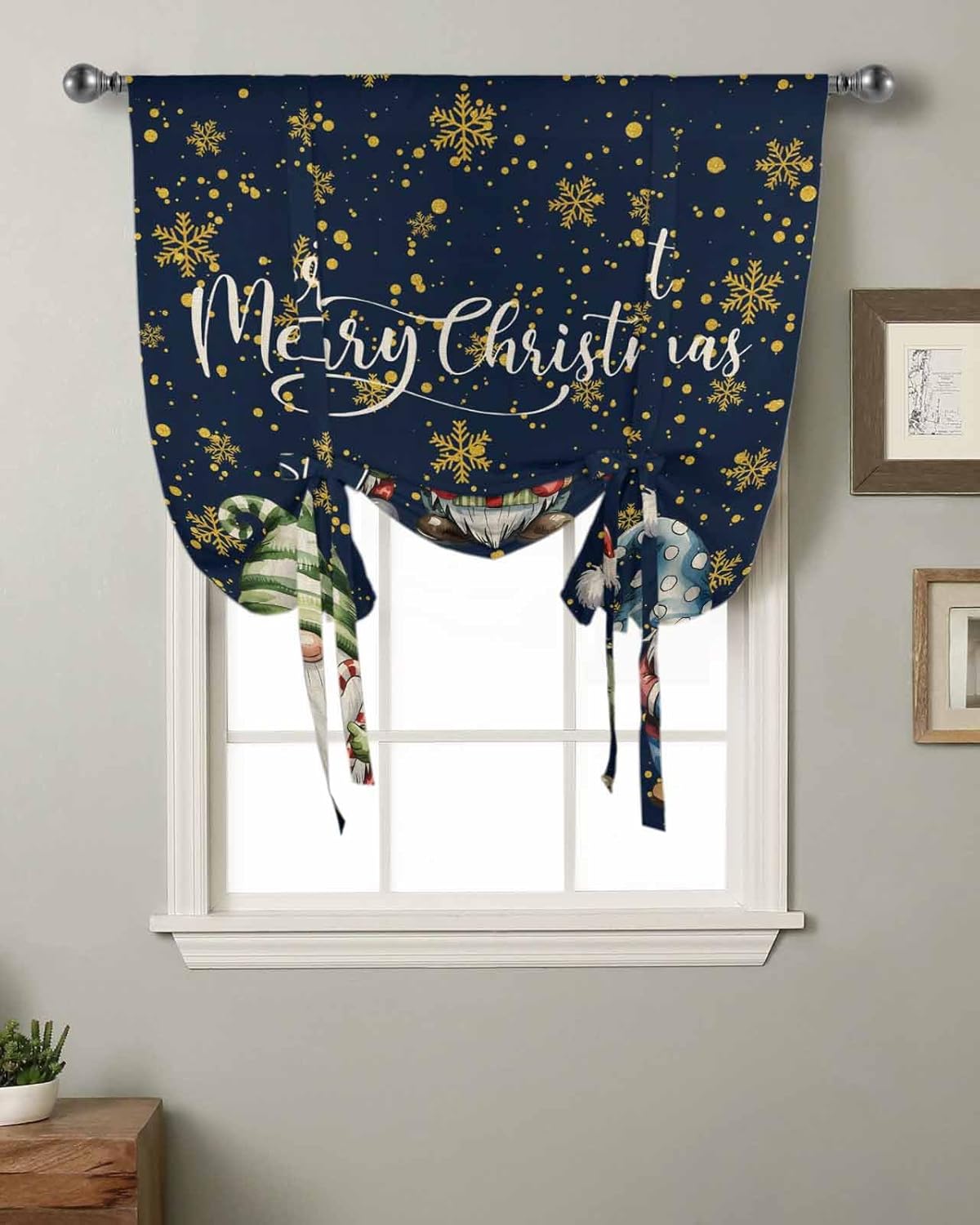 Black Christmas Tie Up Curtains for Windows 63 Inch Length Balloon Curtains Kitchen Adjustable Balloon Window Shade Winter Gnomes Golden Snowflake Xmas Tie Up Valance Bathroom Curtain Window 52"x63"