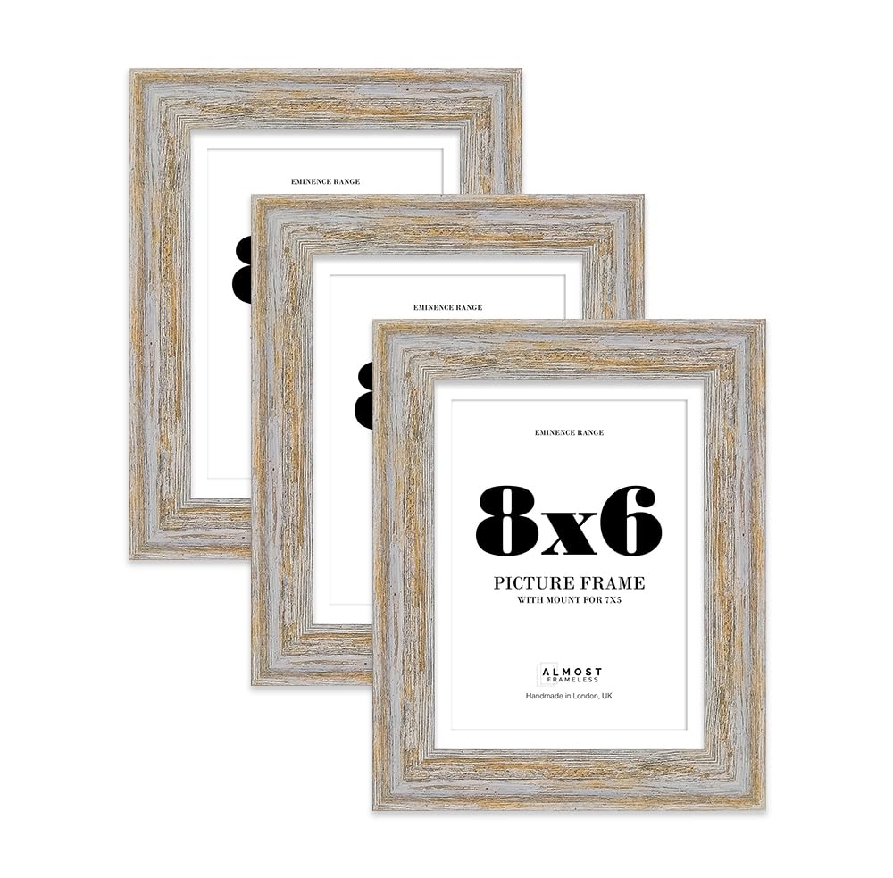 8x6" Walnut Woodgrain Picture Frame with 7x5" Mount - Shabby Chic Photo Frame with Distressed Finish, Wall Hooks and Kickstand, 32mm Edge - 3 Pack