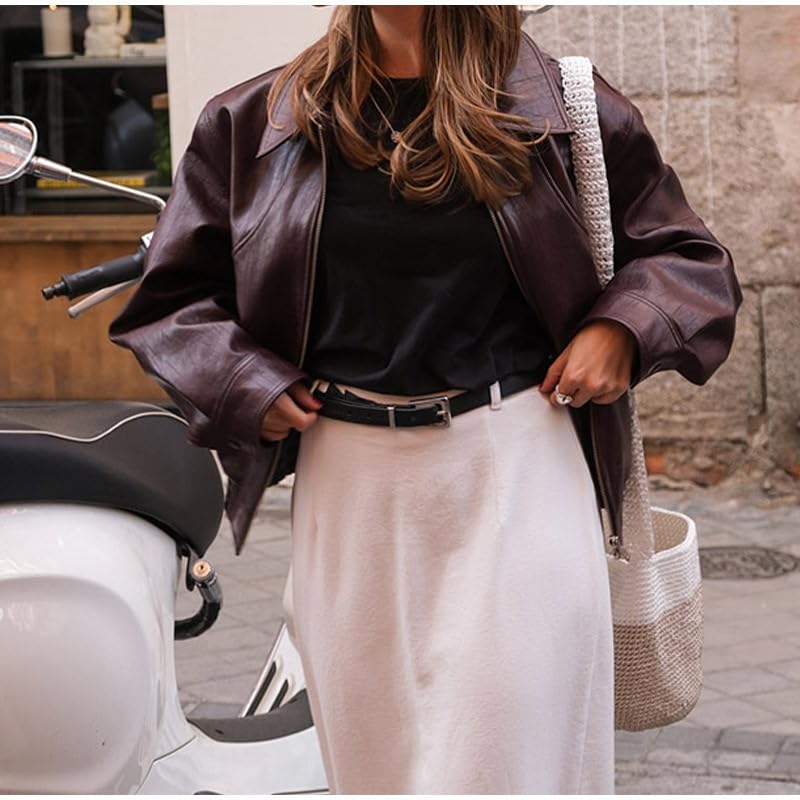 VOIKERDR Women's Leather Jacket Casual Long Sleeve Zipper Lapel Short Lightweight Motorcycle Jacket2