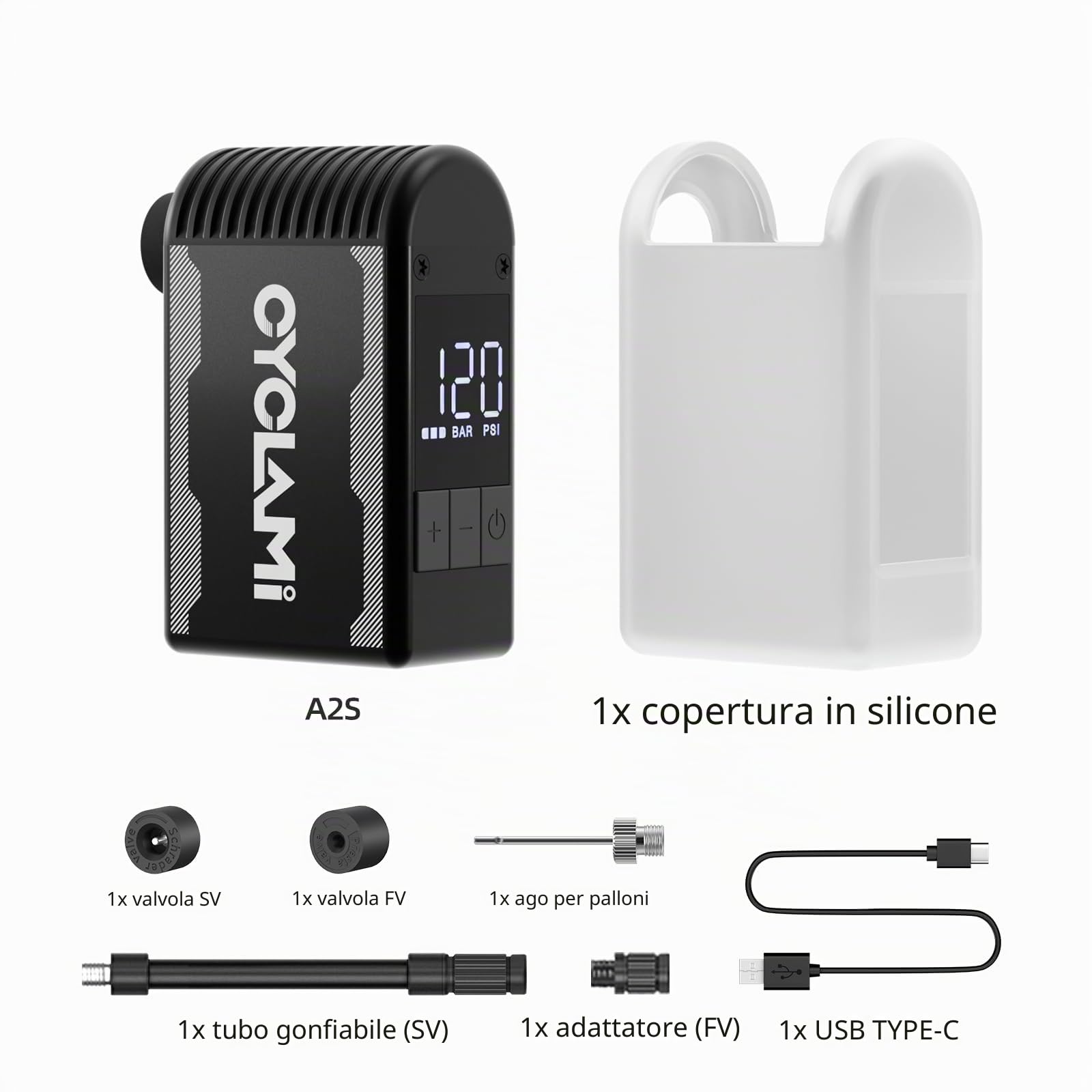 A2S Pompa Bici con Manometro Digitale Max 120 PSI Mini Pompa Pneumatici Per Bici Auto Stop Ricaricabile Pompa Elettrica Per Bicicletta con Valvola Presta e Schrader Mountain bike e Road Bike
