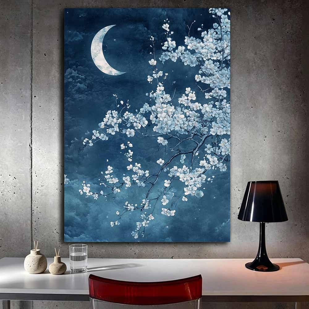HOQIU Dekoracja ścienna kwiaty nocne niebo białe księżycowe kwiaty. płótno ścienne dekoracja, plakat, salon sypialnia dekoracje do domu (niebieski)-80x120cm Nieoprawione