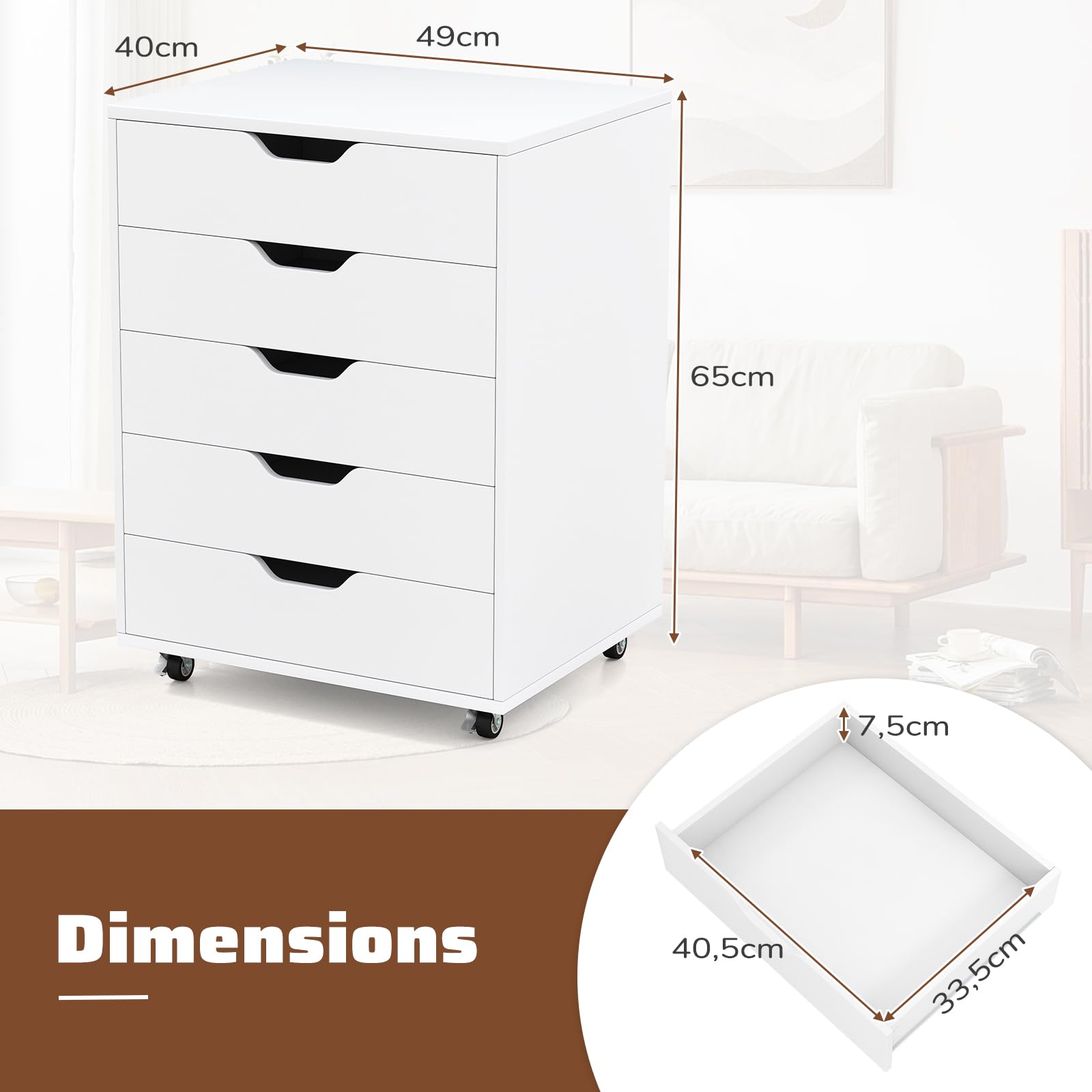 GIANTEX Rollcontainer mit 5 Schubladen, Aktenschrank mit Rollen, Schubladenschrank Holz unter Schreibtisch, Druckertisch für Zuhause & Büro (Weiß, 49 x 40 x 65 cm)