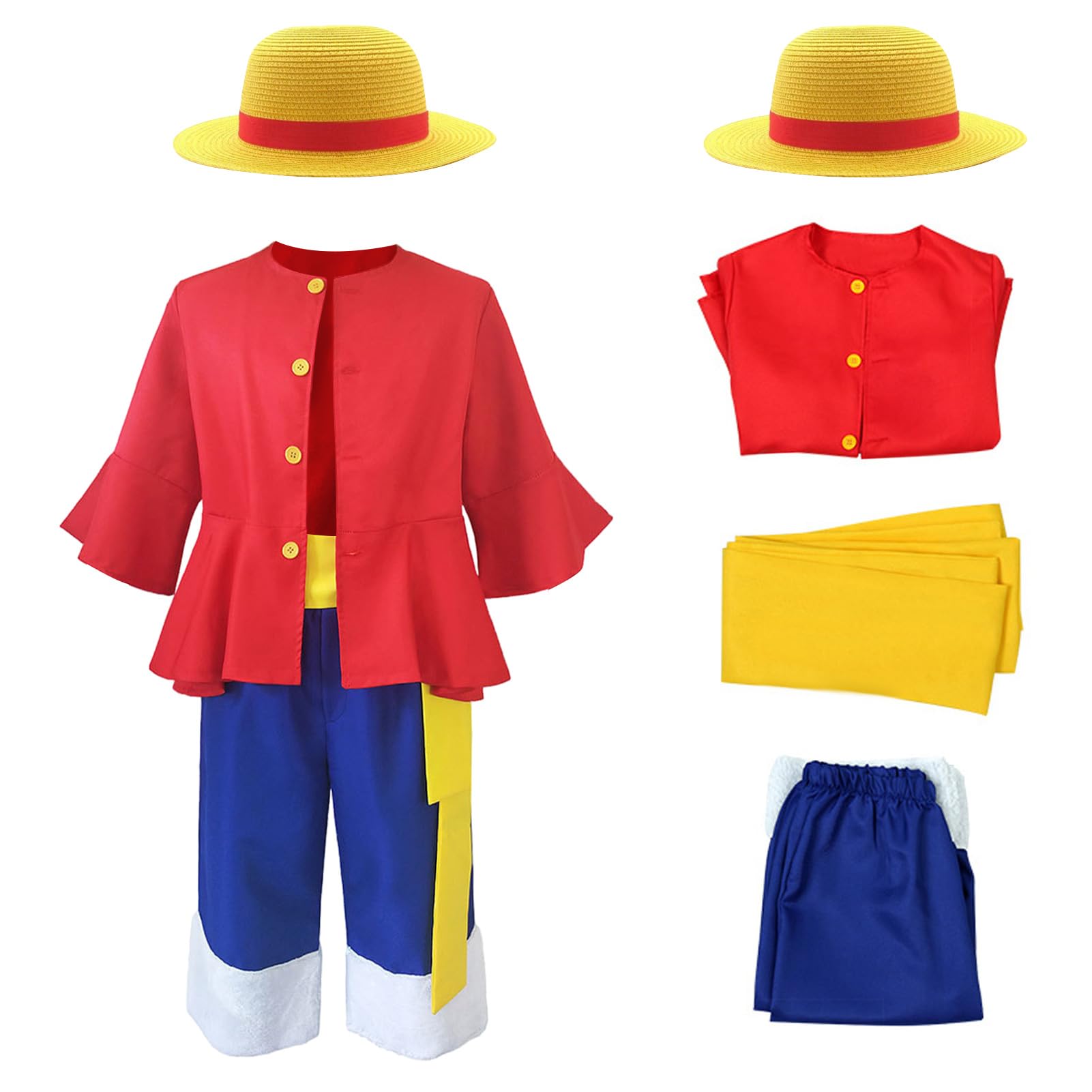 Matreeglam Luffy Disfraz para niños y adultos, de una pieza, anime, mono, D. Luffy, disfraz de anime con sombrero de paja, pantalones, cinturón para Halloween, carnaval, regalos de cumpleaños