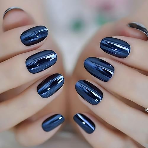 Blue Chrome Press On Nails Medium Oval, 24Pcs Blue Fake