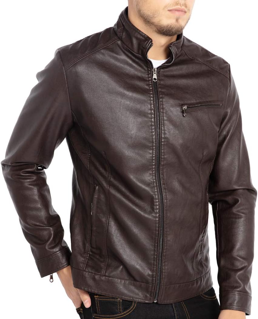 WULFUL Men's Stand Collar Leather Jacket Motorcycle Lightweight Faux Leather Outwear