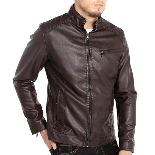 WULFUL Jaqueta masculina de couro com gola alta para motocicleta, leve, de couro sintético