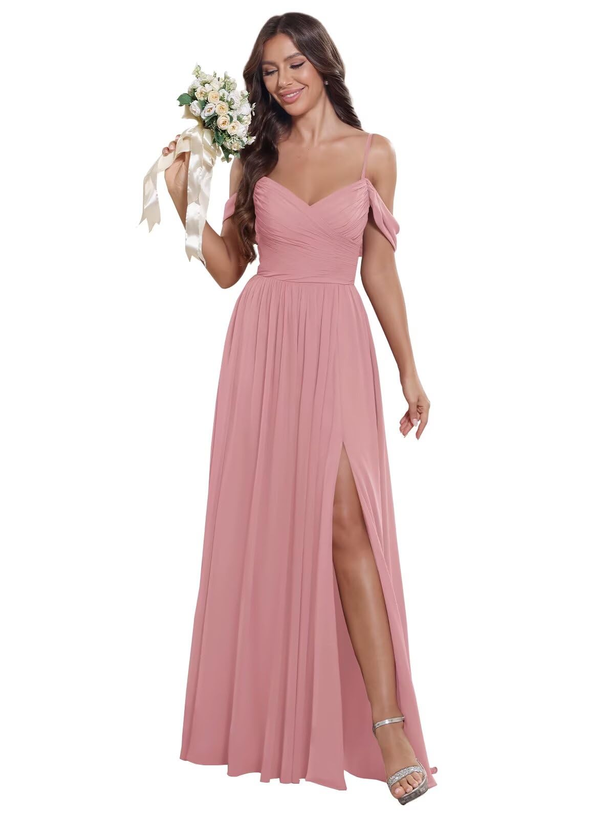 Verngo Cold Shoulder Bridesmaid Dresses with Slit Long Chiffon A Line Ruched Backless Formal Evening Party Gowns