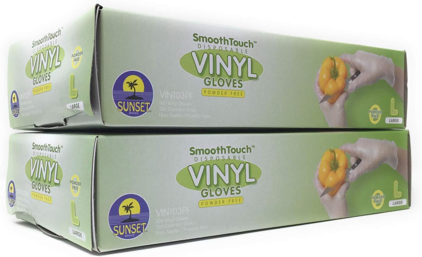 200 Disposable Vinyl Gloves, Non-Sterile, Powder-Free, Smooth Touch, Food Service Grade, Large Size [2x100 Pack]