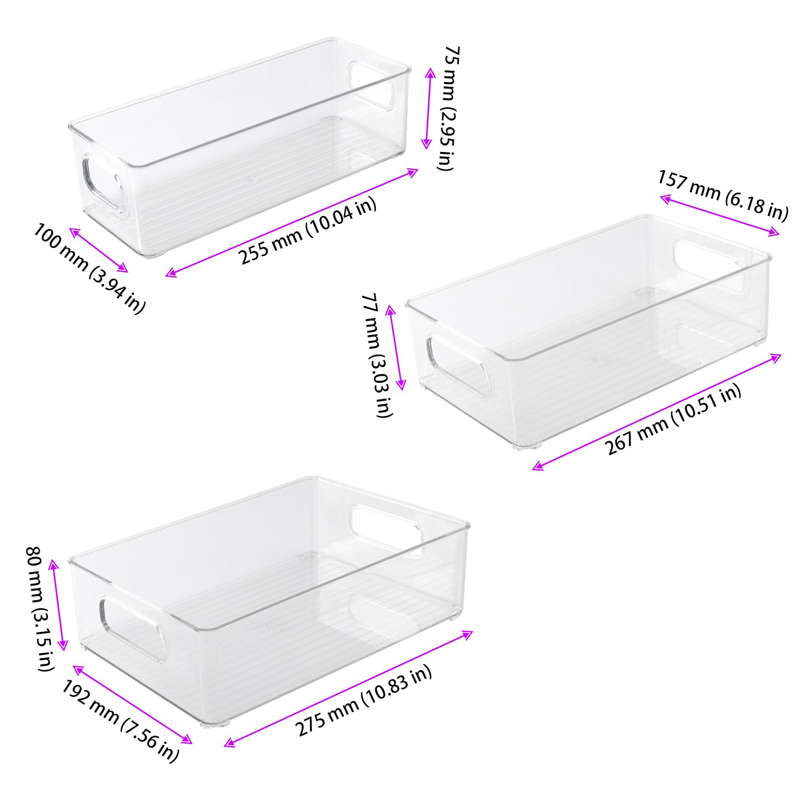 FUNSUEI Set di 6 organizer per frigorifero, 3 misure, contenitore per frigorifero, contenitore con manico, trasparente, organizer in plastica per la cucina