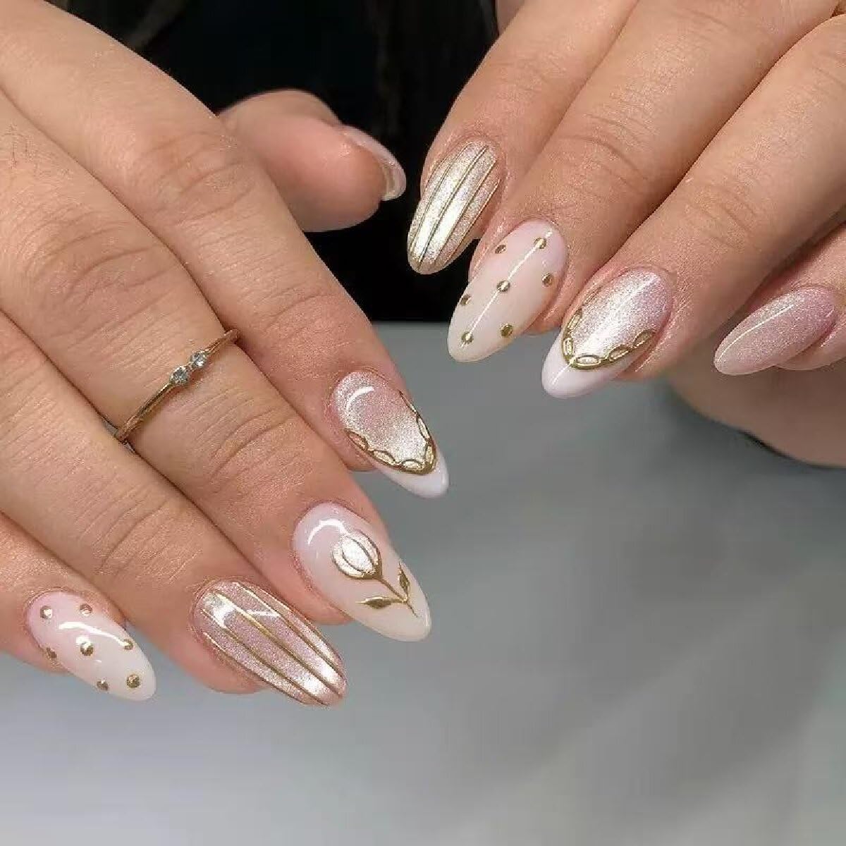 Medium Press on Nails with Gold Line Design - 24 Pcs