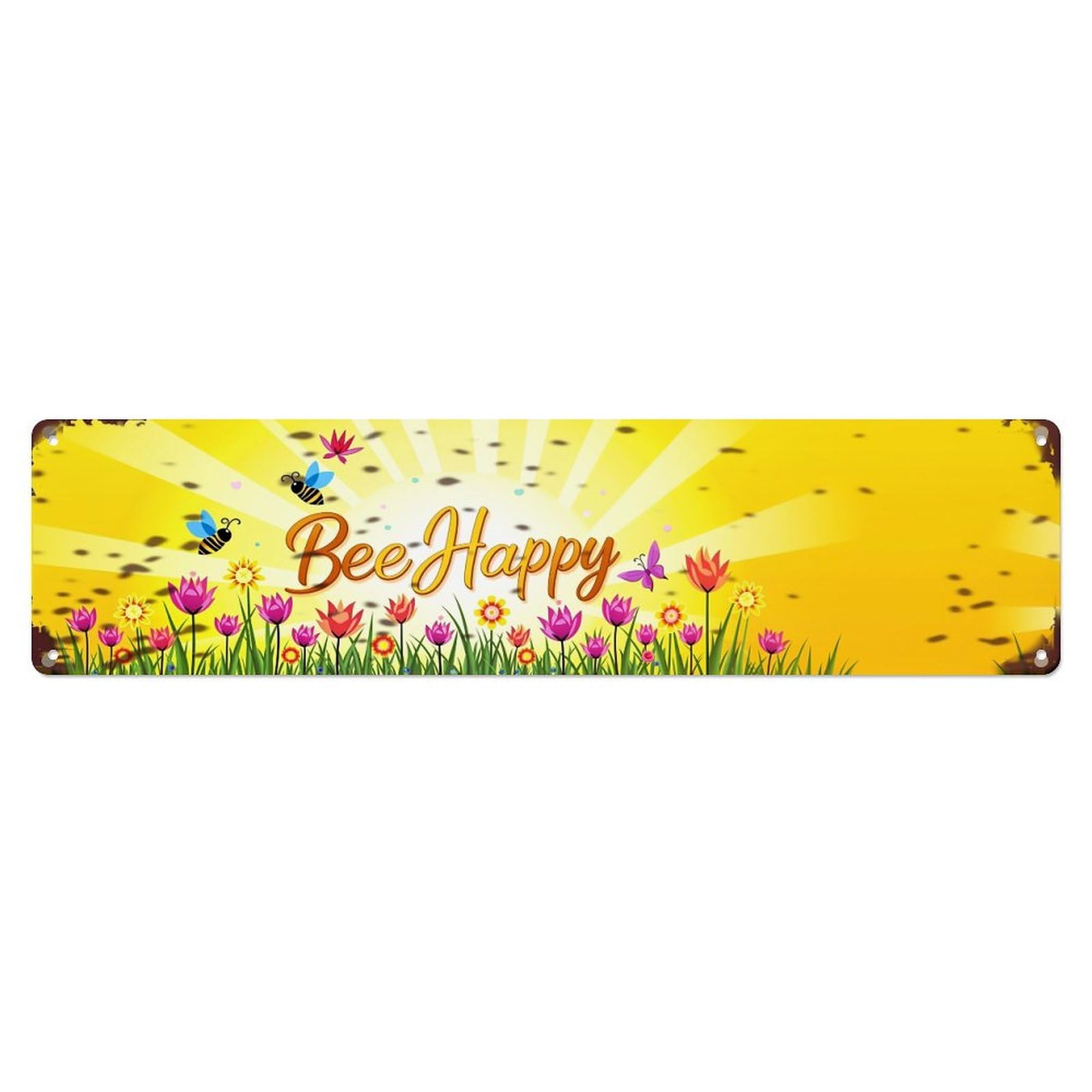Bee Happy Flower Garden Sunlight Vintage Tin Sign Retro Metal Wall Decor Metal Poster, Home Bar Garage Farmhouse Cafe Wall Art Decoration 4x16Inch