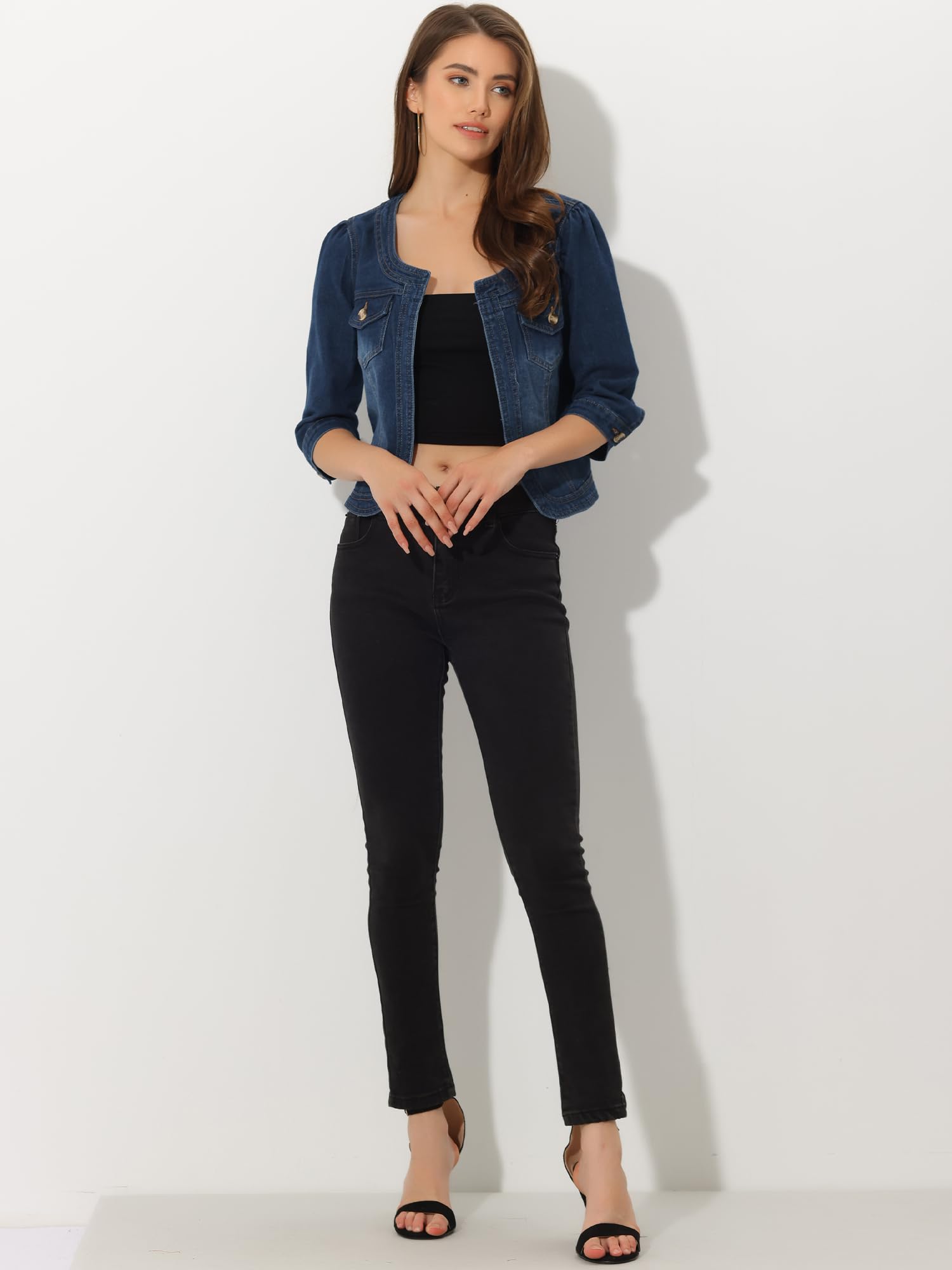 Allegra K Chaqueta Corta Mezclilla Mujer Sin Cuello Manga 3/4 Cárdigan Vaquero