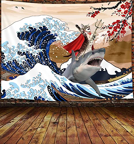 DYNH Japanese Tapestry, Funny Cat Holding Trident Arrow Riding Shark in Ocean Wave Wall Tapestry Cherry Blossom Tree Sunset Tapestry Wall Hanging for Living Room Bedroom(60x40 Inches)