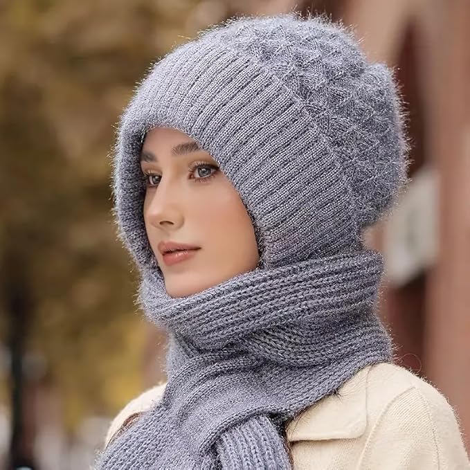 MASTANO Winter Cap for Women Woolen Cap with Muffler for Women, 2 in1 Winter Scarf Knitted Woolen Muffler (Gray) 4