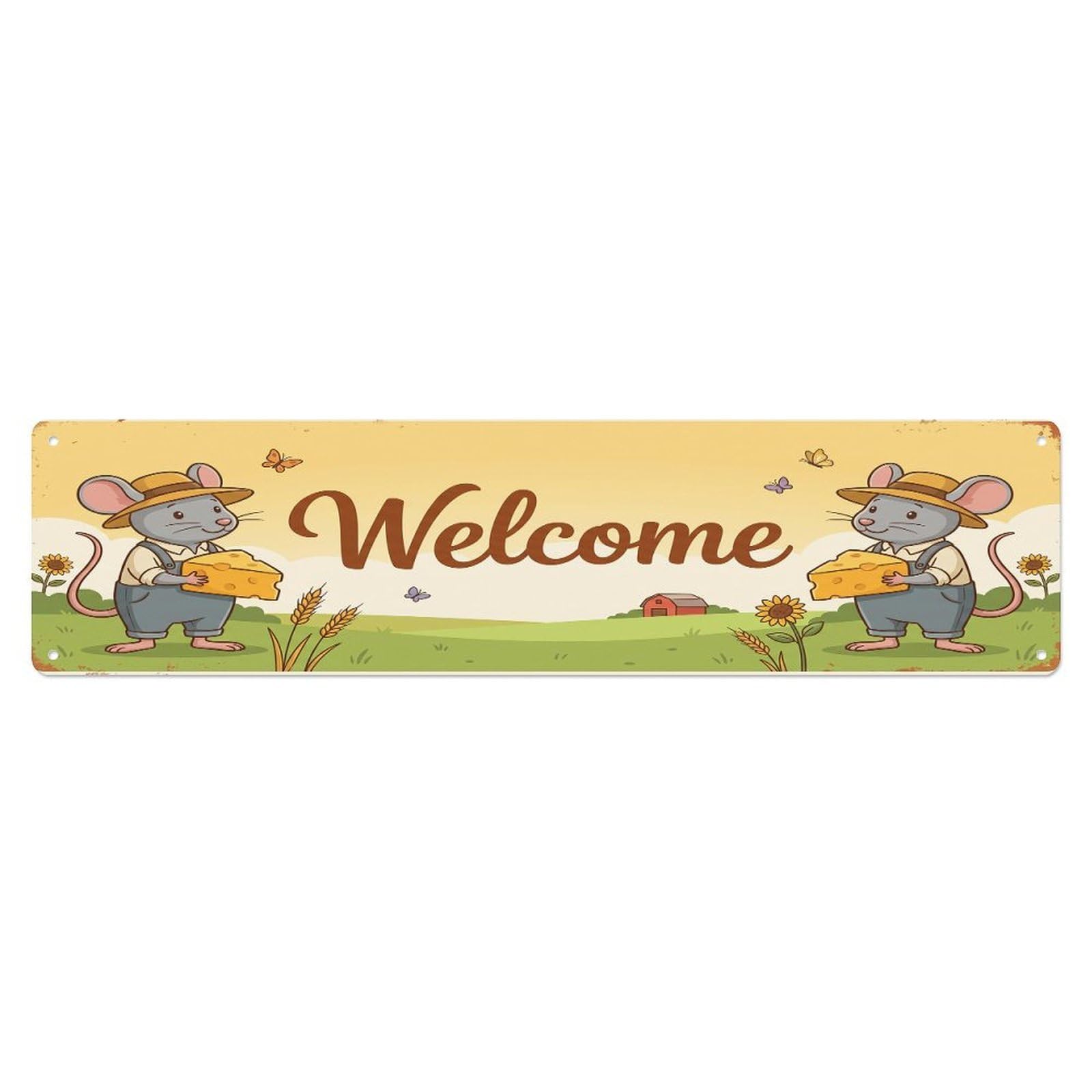 Olhnbad 4X16inch(10X40cm) Vintage Welcome Mouse Cheese Metal Tin Sign