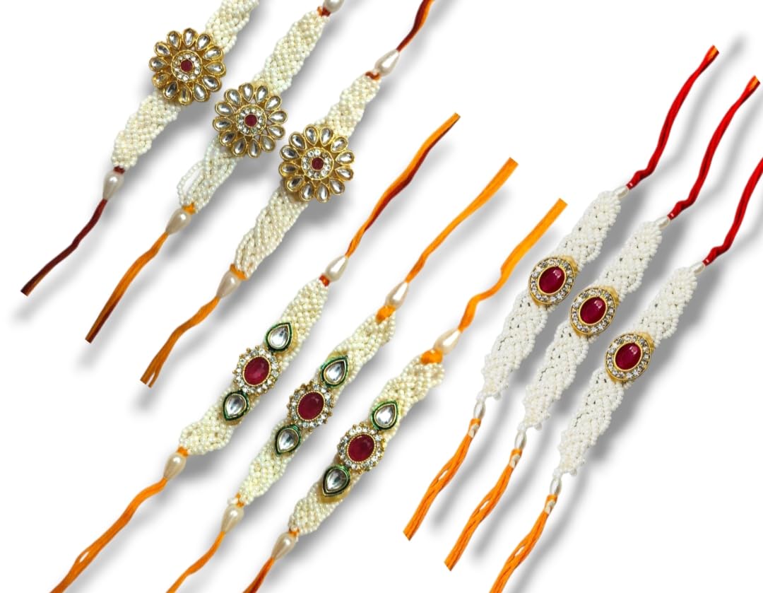 Bulk Pack of 9 Designer Rakhi for Brother | Handcrafted Festive Pearl Thread Rakhi Family Collection | Assorted Traditional Raksha Bandhan Gift Set-image-17
