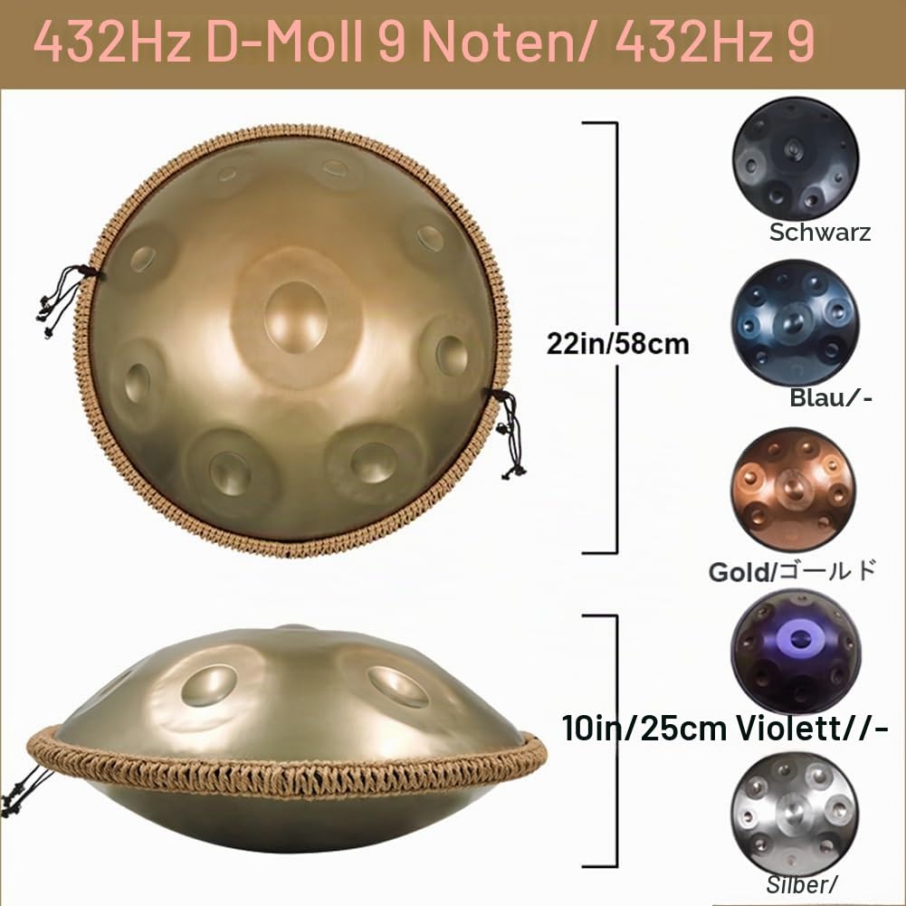 Handpan Drum D-Moll 432Hz/440Hz 9 Töne Handtrommel Handpan Steel Drum für professionelle Aufführungen (D3/A3/bB3/C4/D4/E4/F4/G4/A4) (Color : Purple, Size : 432Hz)
