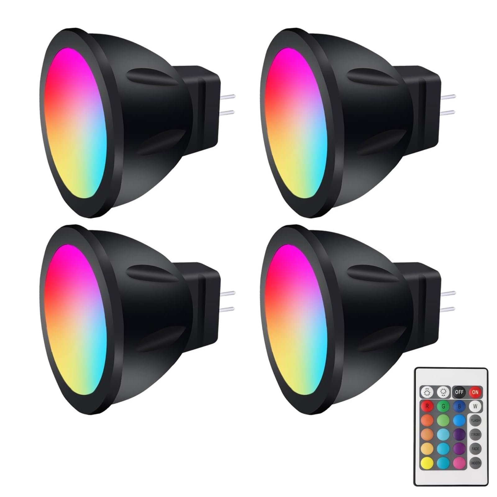 GU4 LED 12V RGB MR11 Lampade Cambia Colore, MR11 LED 12V 3W Attacco Bi-Pin, Bianco Caldo + 15 Multicolor per Illuminazione Paesaggistica (4 Lampade, 1 Telecomandi)