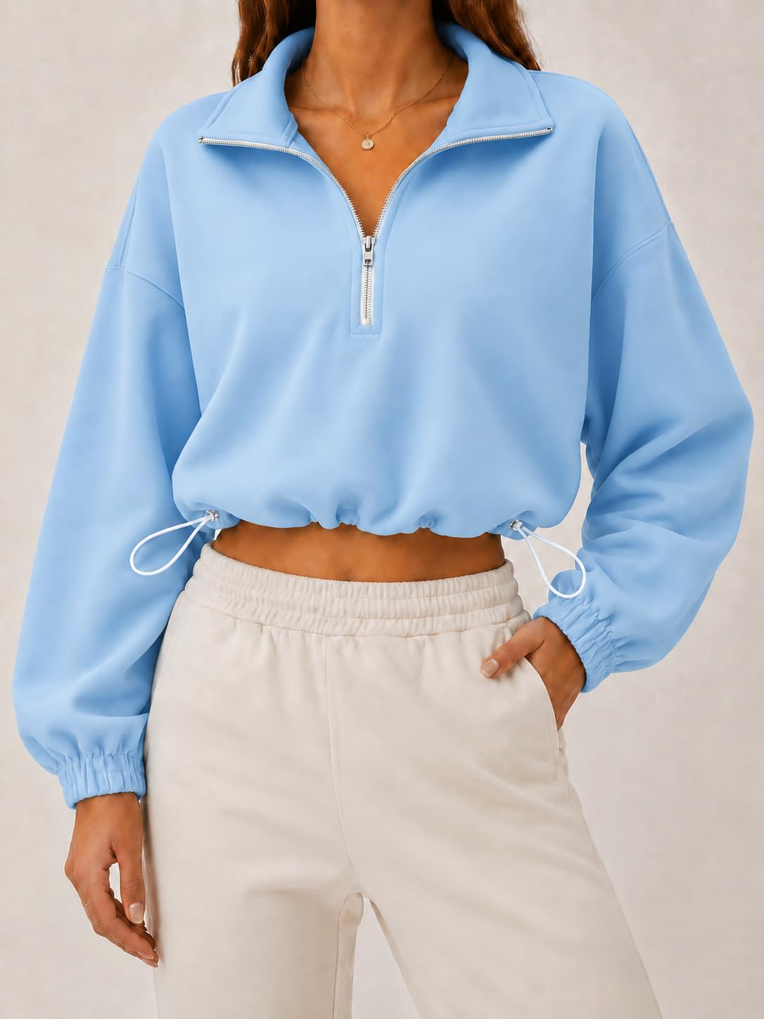 Sweat Femme Demi Zip Court Col Montant Pull avec Cordon Décontracté